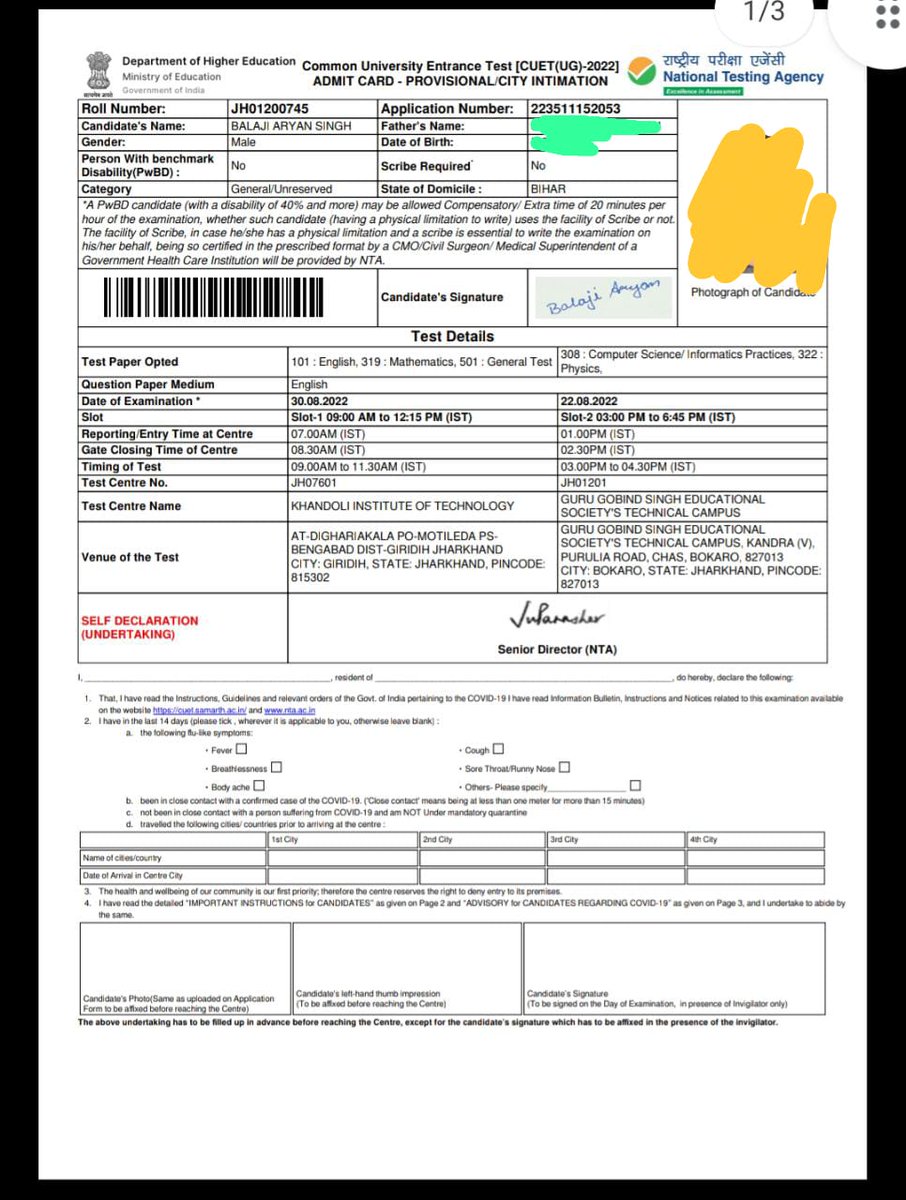 Aryan8337's tweet photo. @DG_NTA  Sir I couldn't reach the centre. The initial test centre for my CUET exam was shown my home city for several days. My test centre City was changed on the release of admit card. Centre was NOT of the preference city that I entered in Application form.30/08/2022 https://t.co/40YROUt8ue