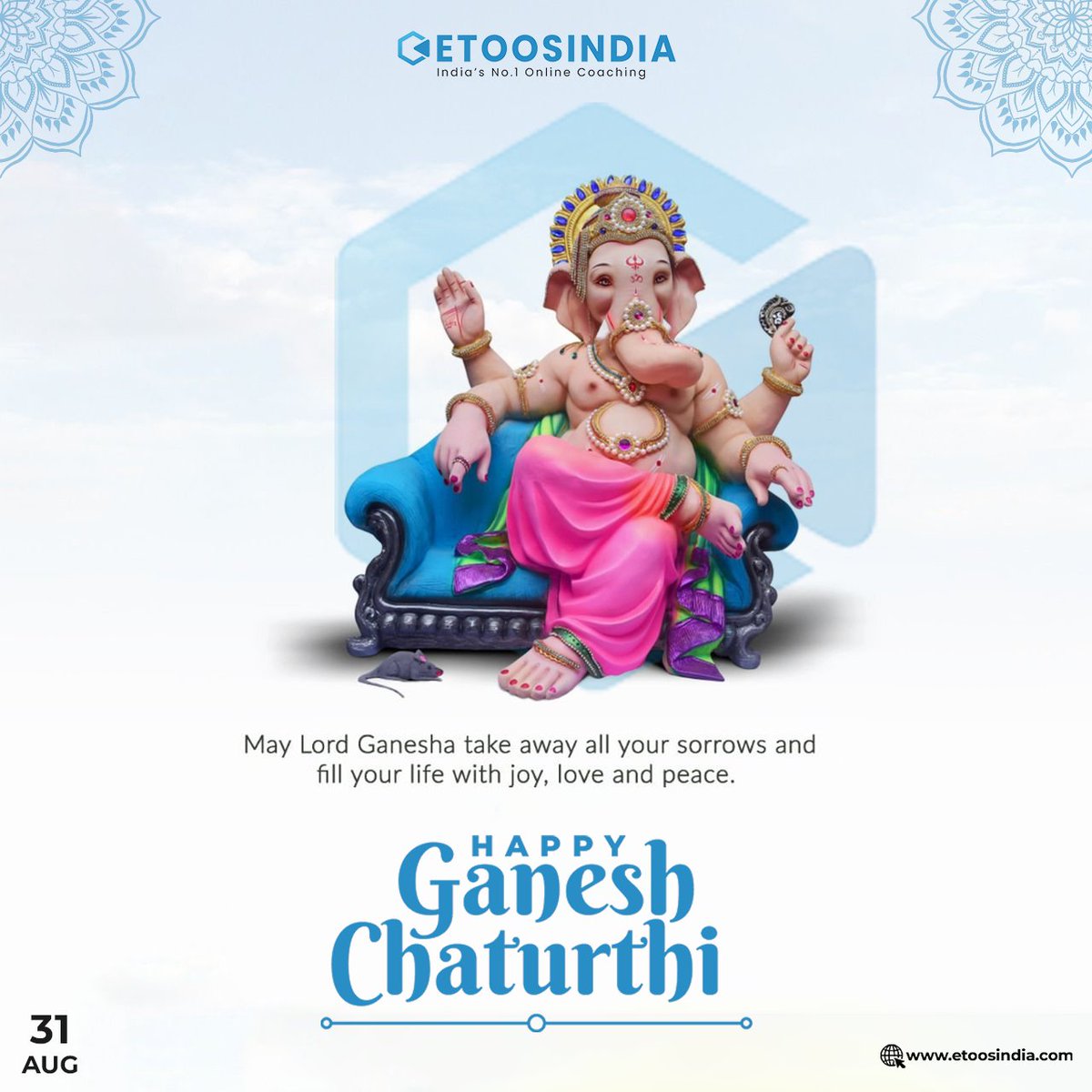 EtoosIndia's tweet photo. Ganpati Bappa Morya
May this festival fill your entire soul with all happiness and enlighten your path to glory
#ganeshchaturthi #etoos #ganpati #ganeshfestival #ganesha #gajraj #etoosindia #festivevibes https://t.co/zavO43Nm7O