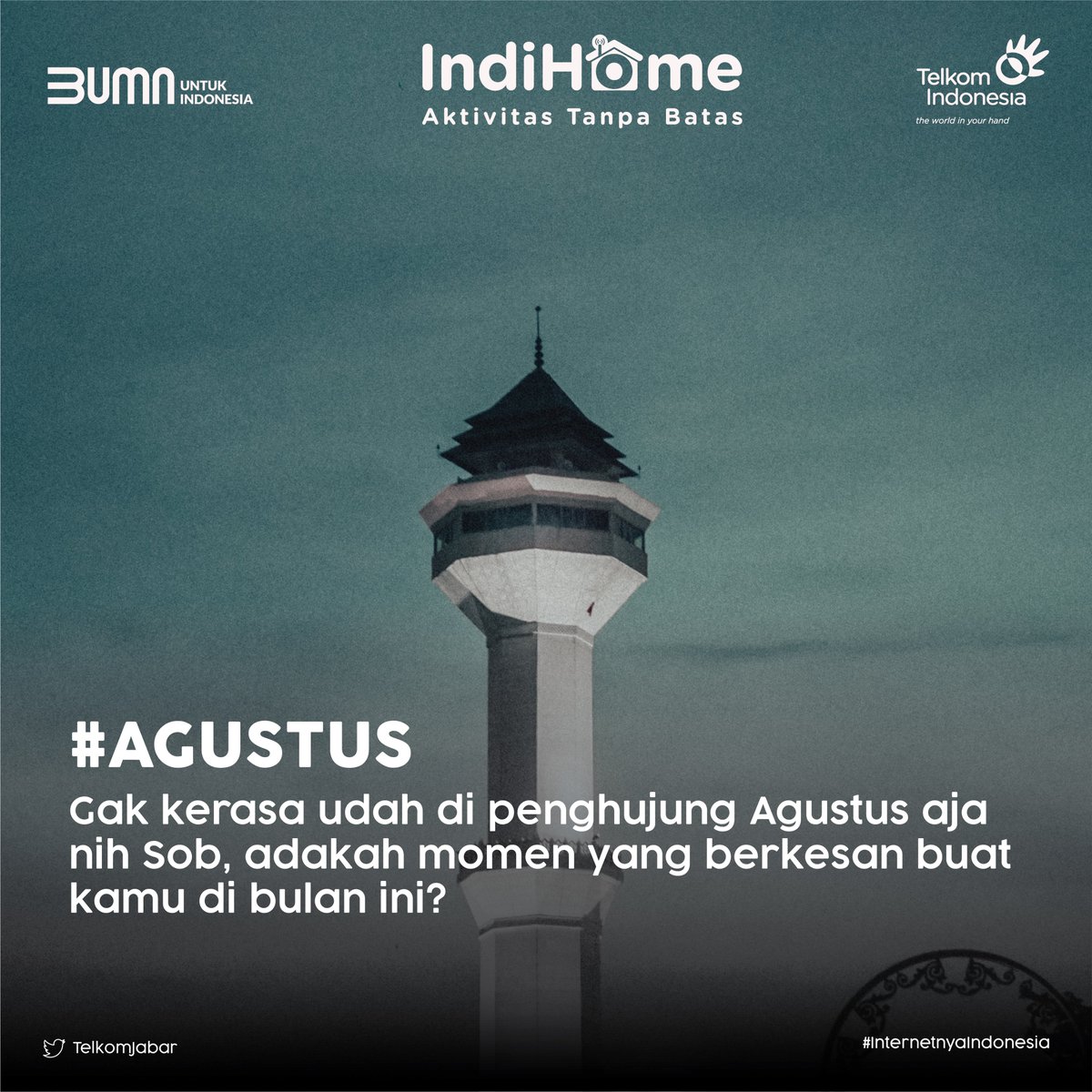 TelkomJabar's tweet photo. Coba ceritain di kolom komentar Sob apa hal yang berkesan buat kamu di bulan Agustus ini?

#Agustus #IndiHome #AktivitasTanpaBatas https://t.co/C0uC57Yng5