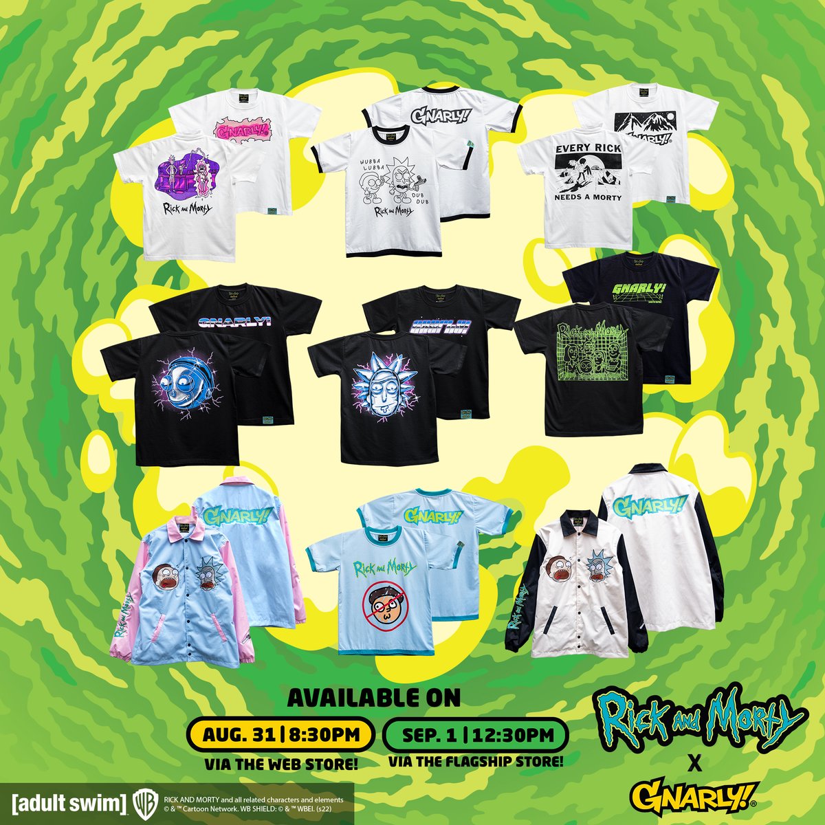We know you can't wait any longer, g!

The first drop of the Rick and Morty x GNARLY! collection will be available on the website on 8/31 @ 8:30 PM  sharp, and at the flagship store on 9/1 @ 12:30PM.

#RickandMorty #adultswim #GnarlyDimensionHoppers