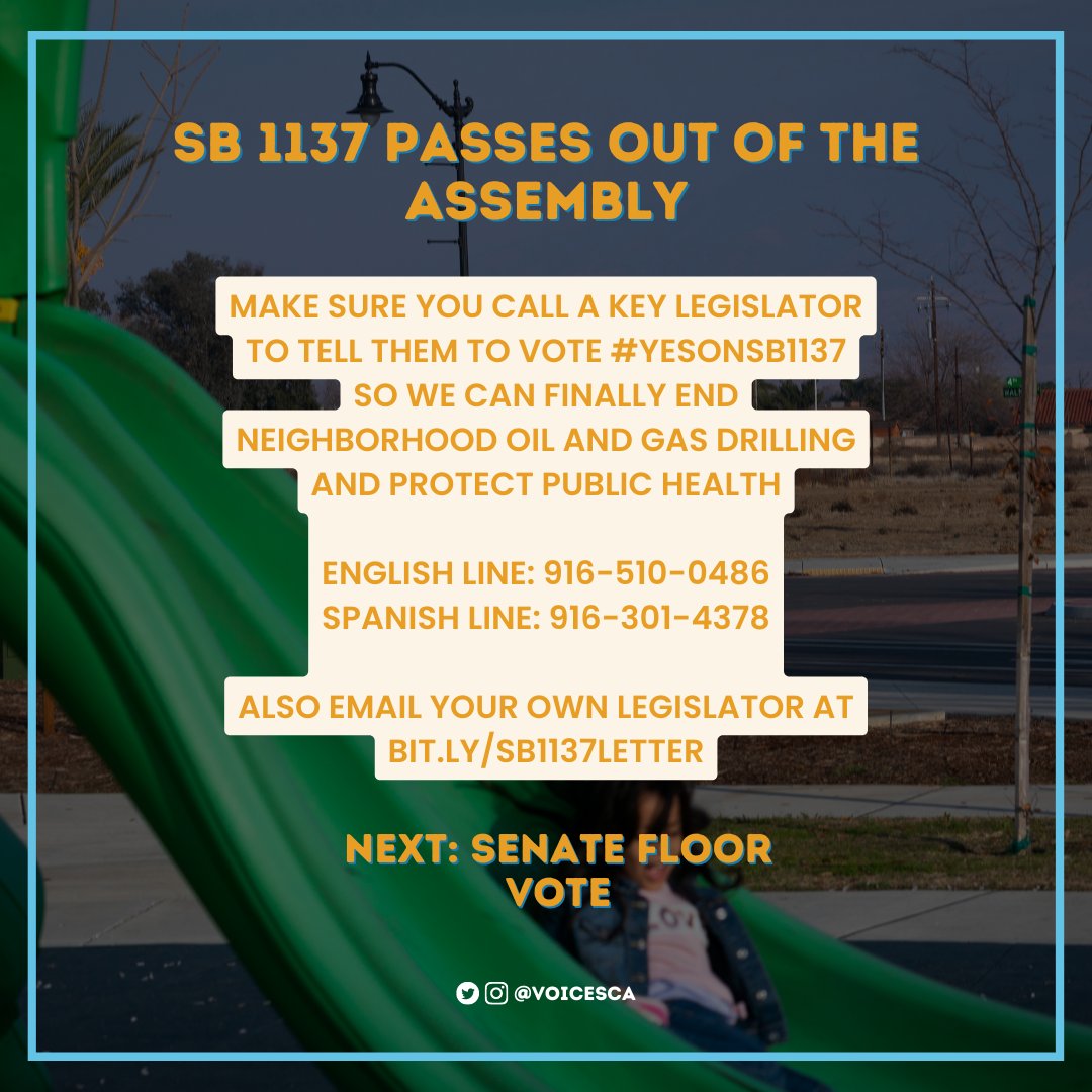 SUCCESS! #SB1137, the bill to finally enact commonsense public health protections and end neighborhood oil and gas drilling passes out of the Assembly! 

Next up: Senate Floor Vote! 

Complete these action items to ensure the CA State Senate votes #YesonSB1137. #SetbacksNow