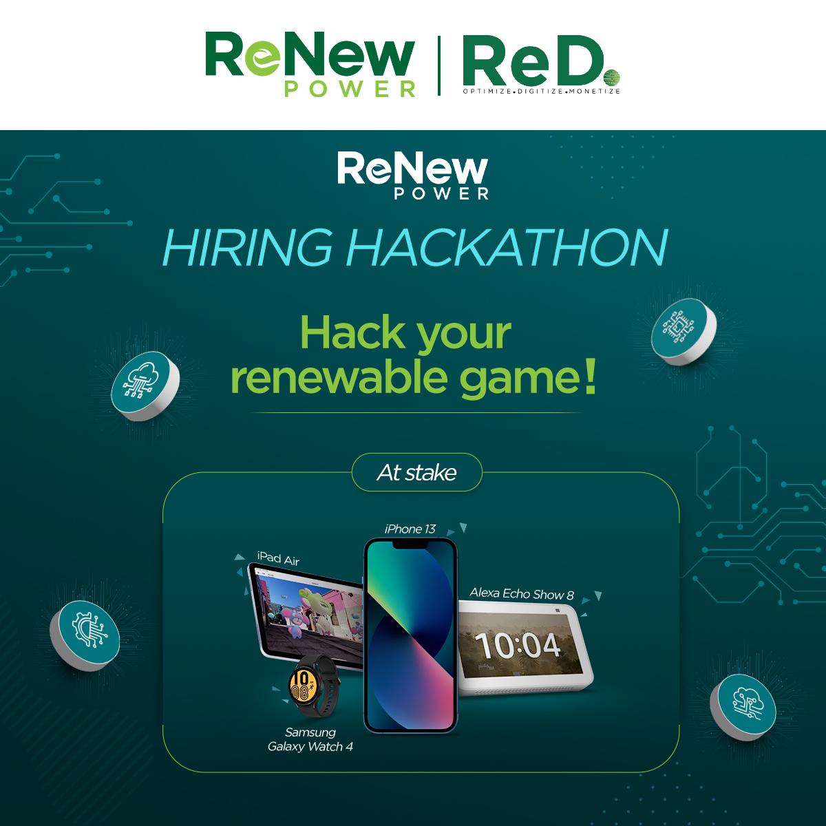 ReNewCorp's tweet photo. ReNew Power Hiring Hackathon β Your chance to work with an analytics team that cares about the planet and get hired!
Participate here β https://t.co/eET1WehTK5
#ReNew4India #Hiring #Hackathon #HiringHackathon https://t.co/jkr6KQ83lA