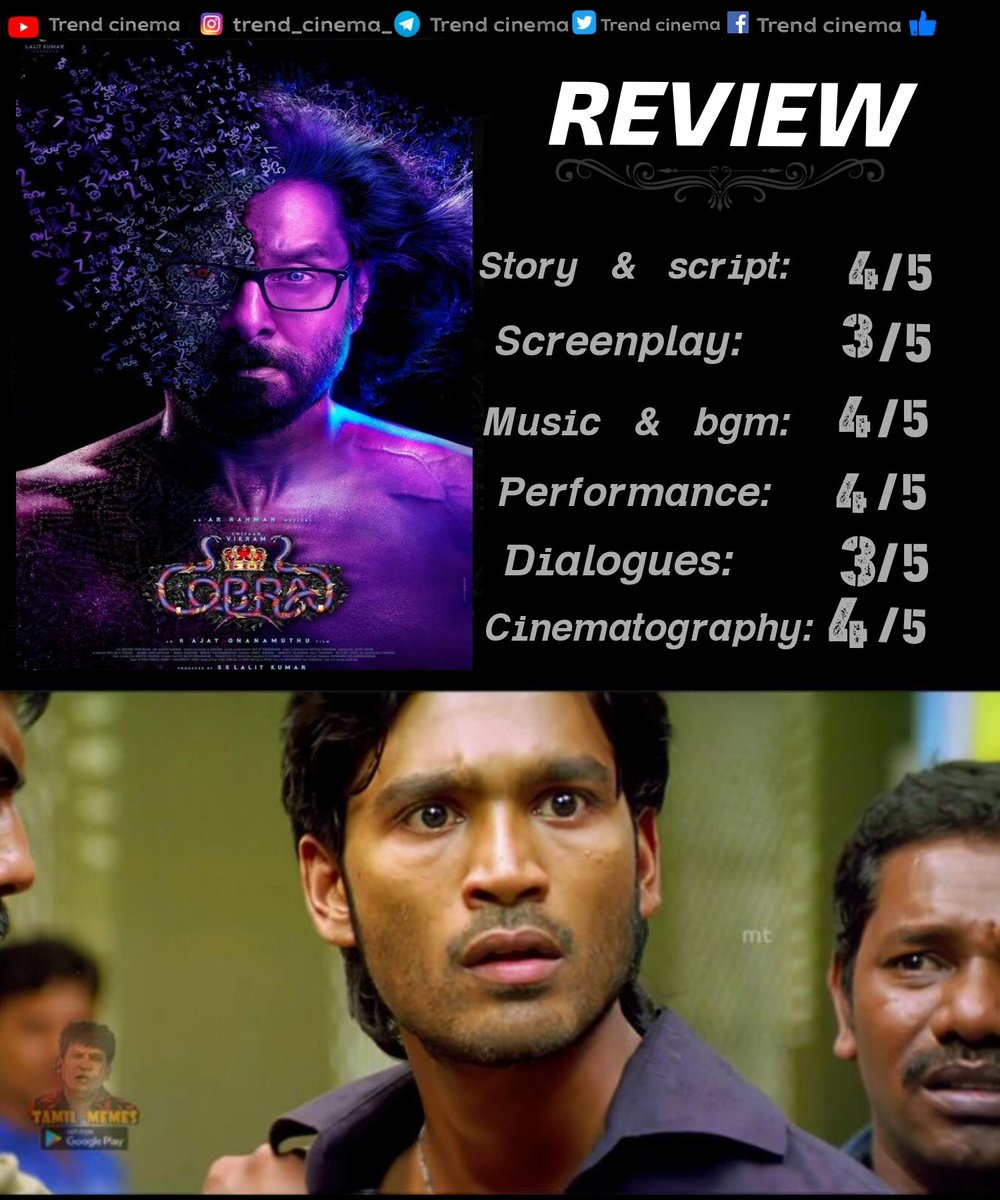 Cinema2Trend's tweet photo. #cobrareview expect panna alavu illa👎average 2.5/5

#cobrareview #CobraFDFS #CobraFromToday #CobraMovieReview #NatchathiramNagargiradhu #NatchathiramNagargiradhureview https://t.co/Qs4vvUGcNu