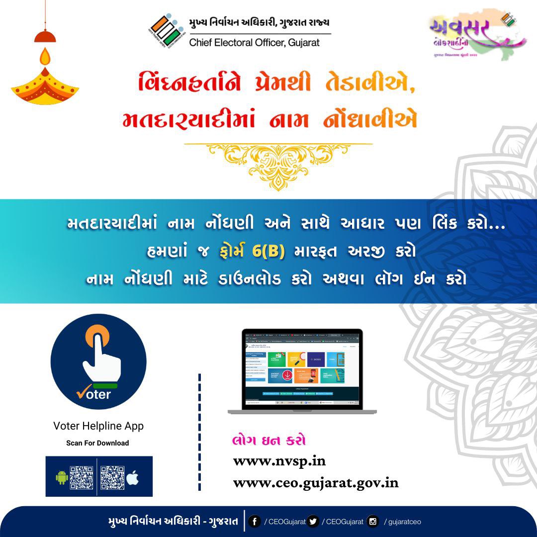 મતદારયાદીમાં નામ નોંધણી અને સાથે આધાર પણ લિંક કરો... હમણાં જ ફોર્મ 6(B) મારફત અરજી કરો નામ નોંધણી માટે ડાઉનલોડ કરો અથવા લૉગ ઈન કરો મતદાર મતદાર હેલ્પલાઇન એપ ડાઉનલોડ કરો અથવા લોગ ઈન કરો nvsp.in

<a href="/CollectorDahod/">Collector Dahod</a> <a href="/ECISVEEP/">Election Commission of India</a> <a href="/DEO_Dahod/">District Election Office Dahod</a> <a href="/rkpatel_IAS/">R K Patel</a> <a href="/CEOGujarat/">Chief Electoral Officer, Gujarat</a>