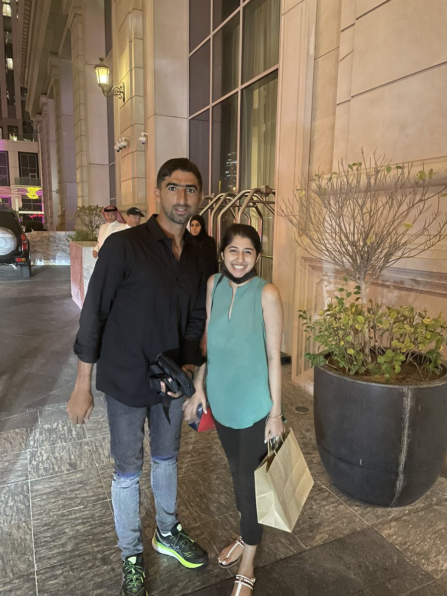 Had such a cute experience when I saw 
<a href="/ShahnawazDahani/">Shahnawaz Dahani</a> &amp; Muhammad Yousaf in hotel lobby. 
I started waving like they’re my old friends and requested from afar if I could get a picture. Security said no. &amp; I walked away. 
He came out on his own for this. Just lookat my bateesi.