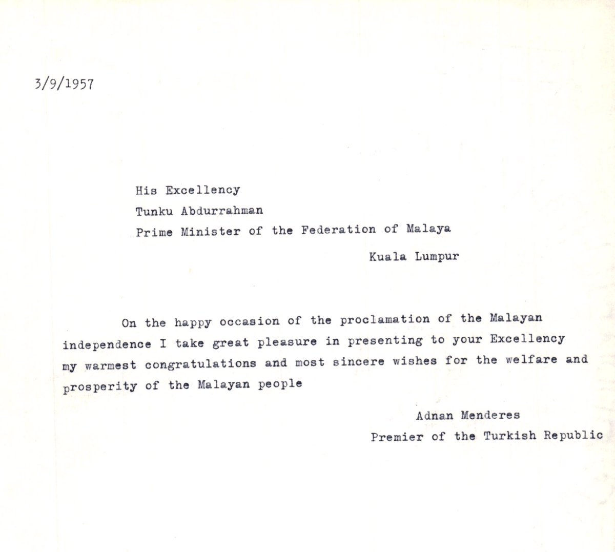 emirsyuksel's tweet photo. A Merdeka 65 special gift from Türkiye to Malaysia! 

The then Turkish PM Adnan Menderes’ message on Merdeka in 1957 &amp; reply of HE Tunku Abdul Rahman. (State Archives of Türkiye.) HAPPY MERDEKA DAY! @ISTANANEGARA_ 
@IsmailSabri60 @saifuddinabd @amran_zin @TC_Disisleri https://t.co/L1pgd6J0ZP