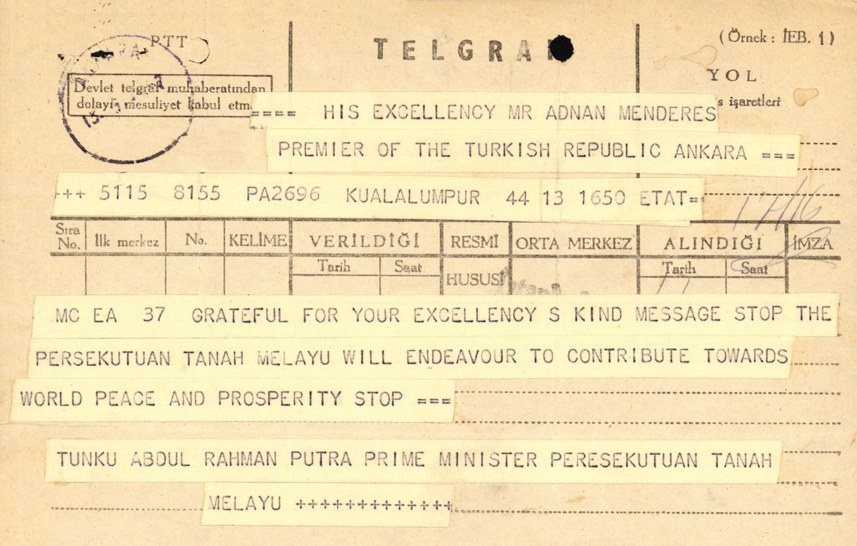 emirsyuksel's tweet photo. A Merdeka 65 special gift from Türkiye to Malaysia! 

The then Turkish PM Adnan Menderes’ message on Merdeka in 1957 &amp; reply of HE Tunku Abdul Rahman. (State Archives of Türkiye.) HAPPY MERDEKA DAY! @ISTANANEGARA_ 
@IsmailSabri60 @saifuddinabd @amran_zin @TC_Disisleri https://t.co/L1pgd6J0ZP