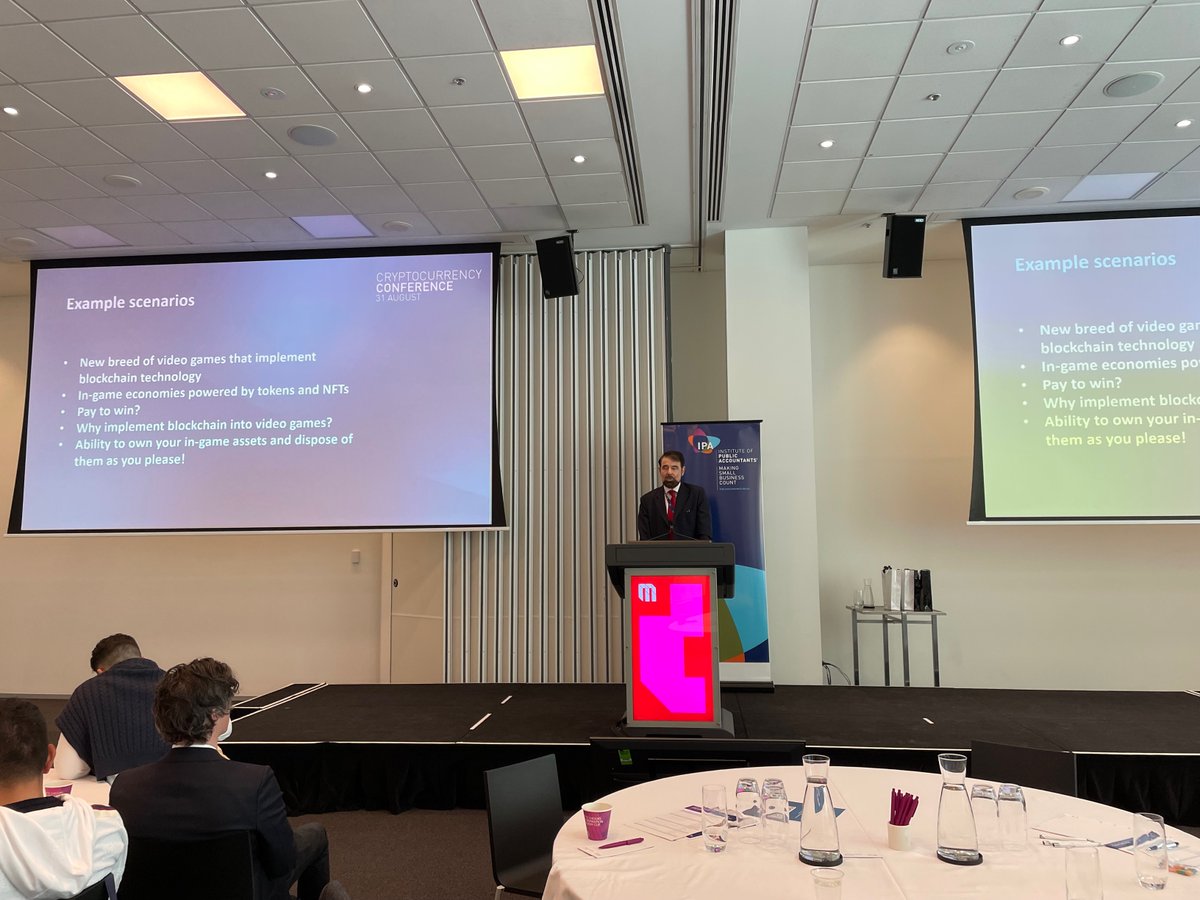 ipaaccountants's tweet photo. It's not all fun and games with #crypto, there are #tax issues behind crypto gaming. Ross Higgins, Partner of Mils Oakley is presenting to #IPAcrypto22 delegate the issues that can occur. https://t.co/Di0mt6QDlx