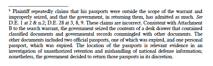 Buried in the DOJ filing is an explanation for why they (lawfully) initially seized Trump's passports: They were co-mingled with classified documents in a desk drawer.