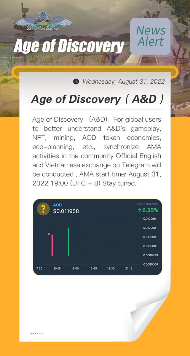 A&amp;D For global users to better understand A&amp;D gameplay, NFT, mining, AOD token economics, eco-planning, etc., synchronize AMA activities in the community Official English and Vietnamese exchange on Telegram will be conducted🔥 , ⏰ AMA start time: August 31, 19:00 (UTC + 8)