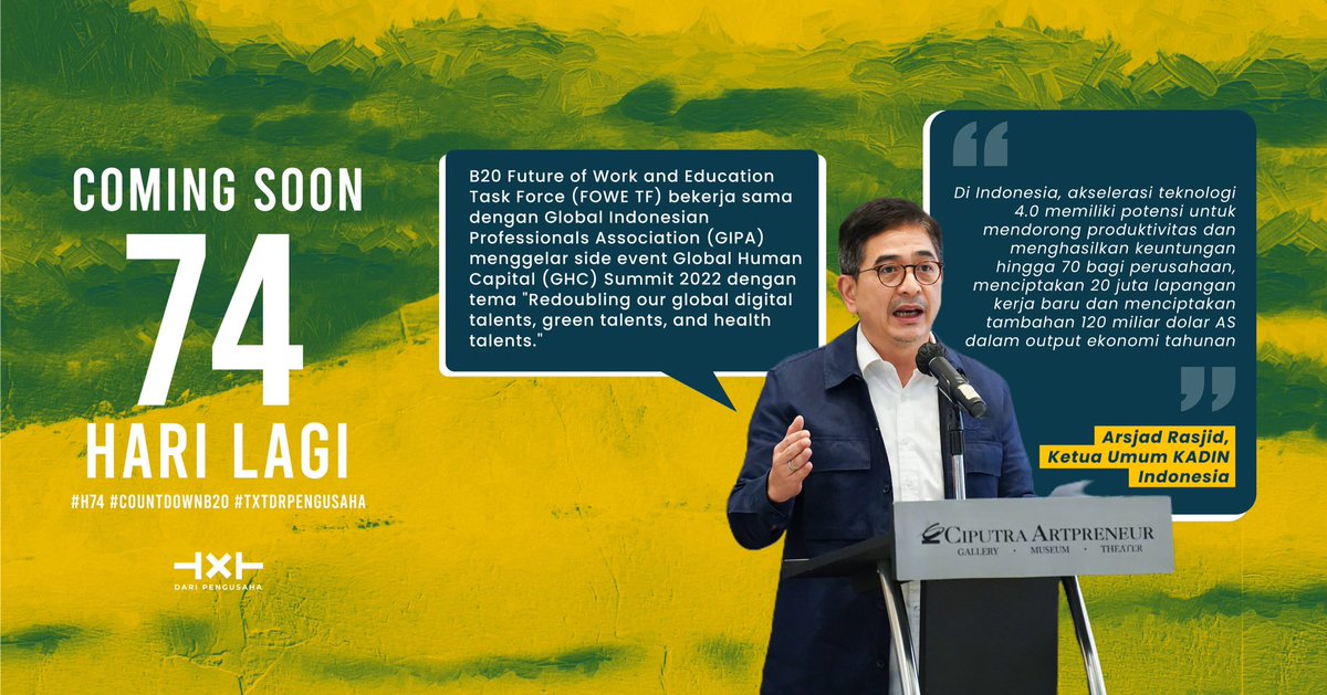 txtdrpengusaha's tweet photo. B20 FOWE TF bekerja sama dengan Global Indonesian Professionals Association (GIPA) menggelar side event Global Human Capital (GHC) Summit 2022 dgn tema "Redou- bling our global digital talents, green talents, and health talents.

#b20 #h74 #countdownb20 #digital #txtdrpengusaha https://t.co/byx6R5pTQS