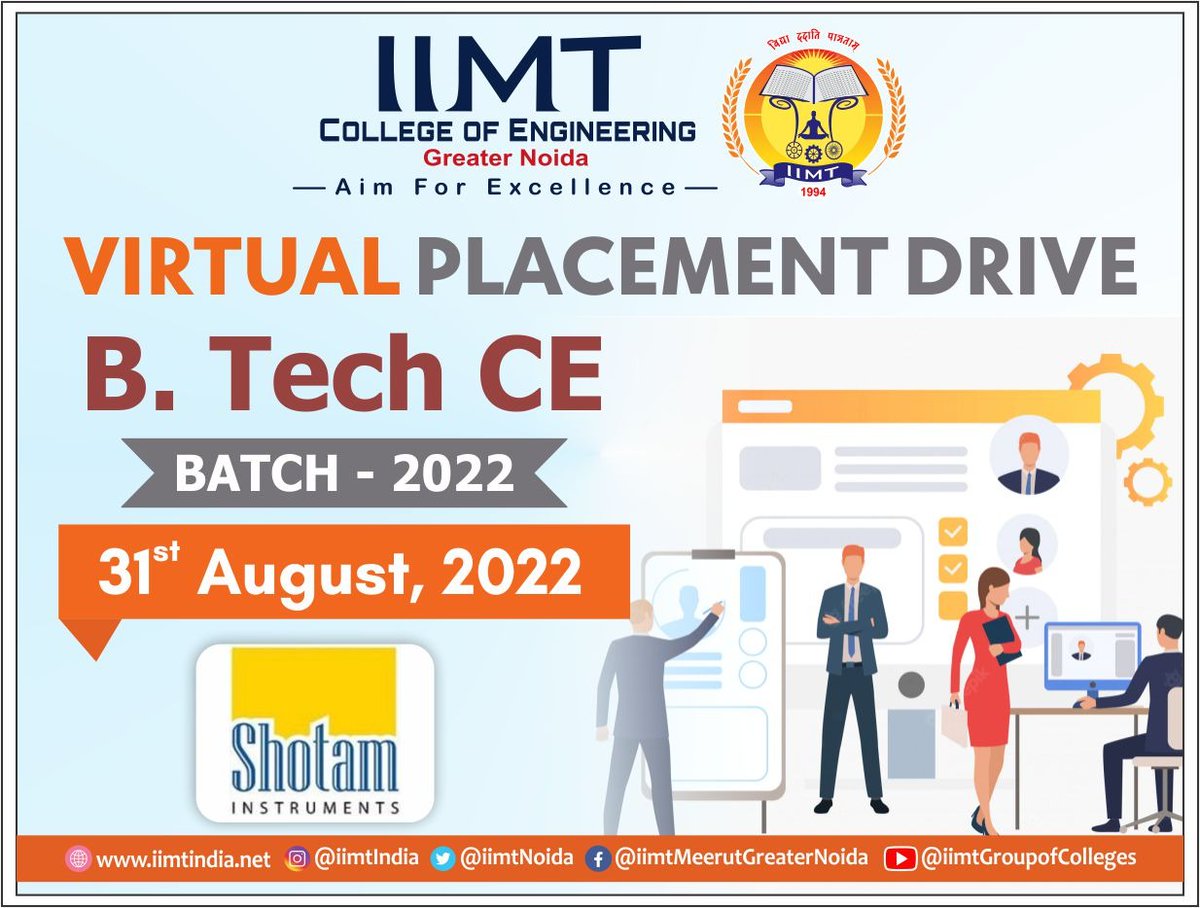 iimtnoida's tweet image. IIMT College of Engineering, Greater Noida organizing virtual placement drive for B. Tech CE Batch 2022 on 31th August 2022.
Company: Shotam Instruments Pvt. Ltd      
iimtindia.net
Call:9520886860
#Placement #CampusPlacement
#BTechCivilEngineering #civilengineeringjobs