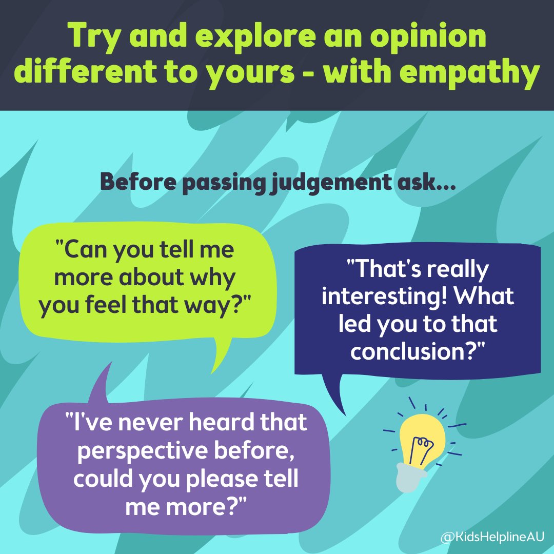 KidsHelplineAU's tweet photo. Communicating with friends or family members who share different opinions to ours can be really challenging.
Looking for ways to explore their opinions further, minus the judgement?
Check this out!
#KidsHelplineAU #Empathy #ConvoStarters https://t.co/xfJrXoe5U5