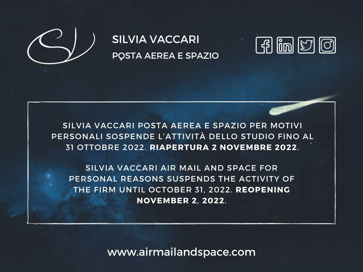 SVaccariSpace's tweet photo. COMUNICAZIONE AZIENDALE
#SilviaVaccari Posta aerea e spazio sospende l’attività fino al 31.10.2022.
Il sito https://t.co/Ucxn1s646r sarà visibile solo in alcune sezioni
info@airmailandspace.com e sv@vaccari.it sono attive 
I social rimangono attivi
#philately #francobollo #stamp https://t.co/9is3OlngjB