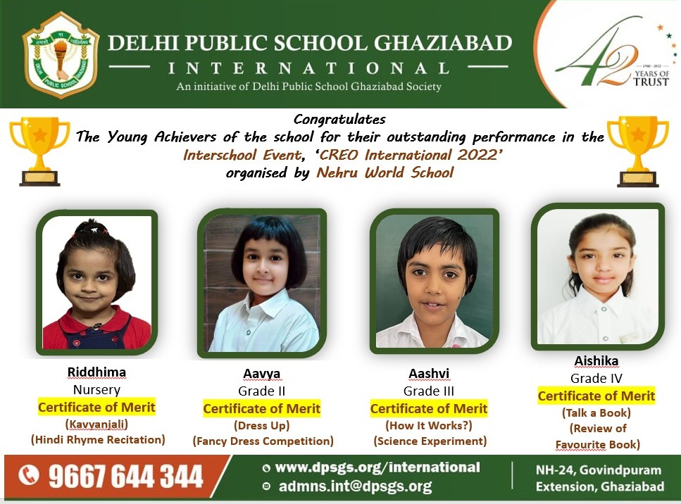 IDpsgI's tweet photo. Recognition is the greatest motivator! 

DPSG International is proud of its young wonders who performed exceedingly well in Inter School Event CREO 2022 organised by Nehru World School.

#DPSGinternational #Awards #Rewards #Achievement #Bestschool #Happystudents #Happyparents https://t.co/z98SGtyFc5