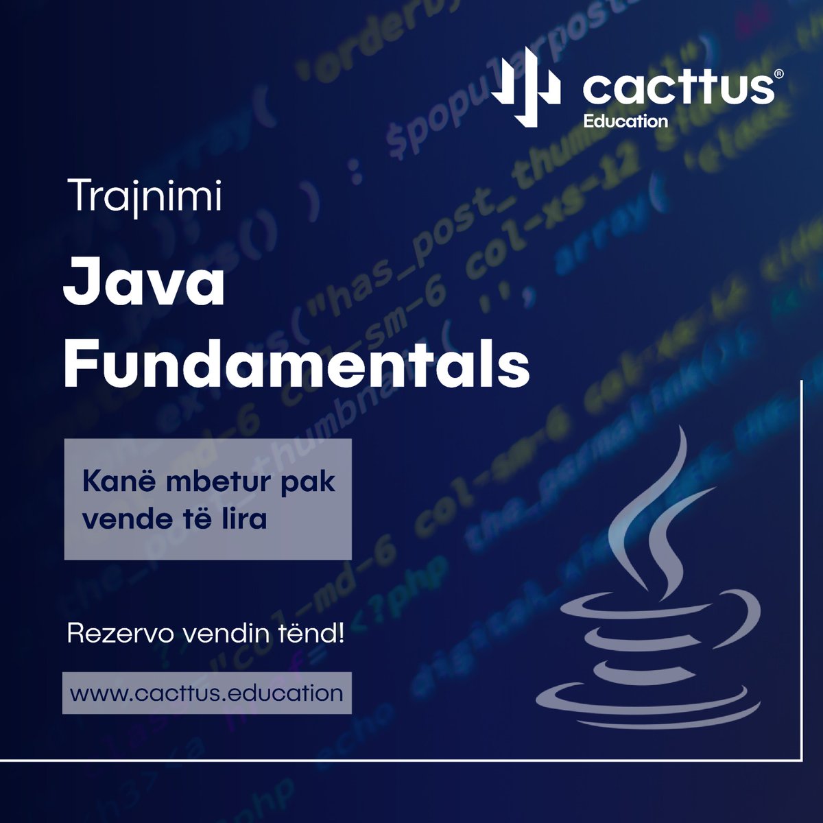 cacttusedu's tweet image. Përmes trajnimit #JavaFundamentals ju do të mësoni konceptet bazike të programimit me Java. Nuk nevojiten njohuri paraprake, mjafton vetëm dëshira për me mësu 🙂
⚠️Kanë mbetur vetëm edhe disa vende të lira, rezervo vendin tënd tani: cacttus.education/aplikimi
