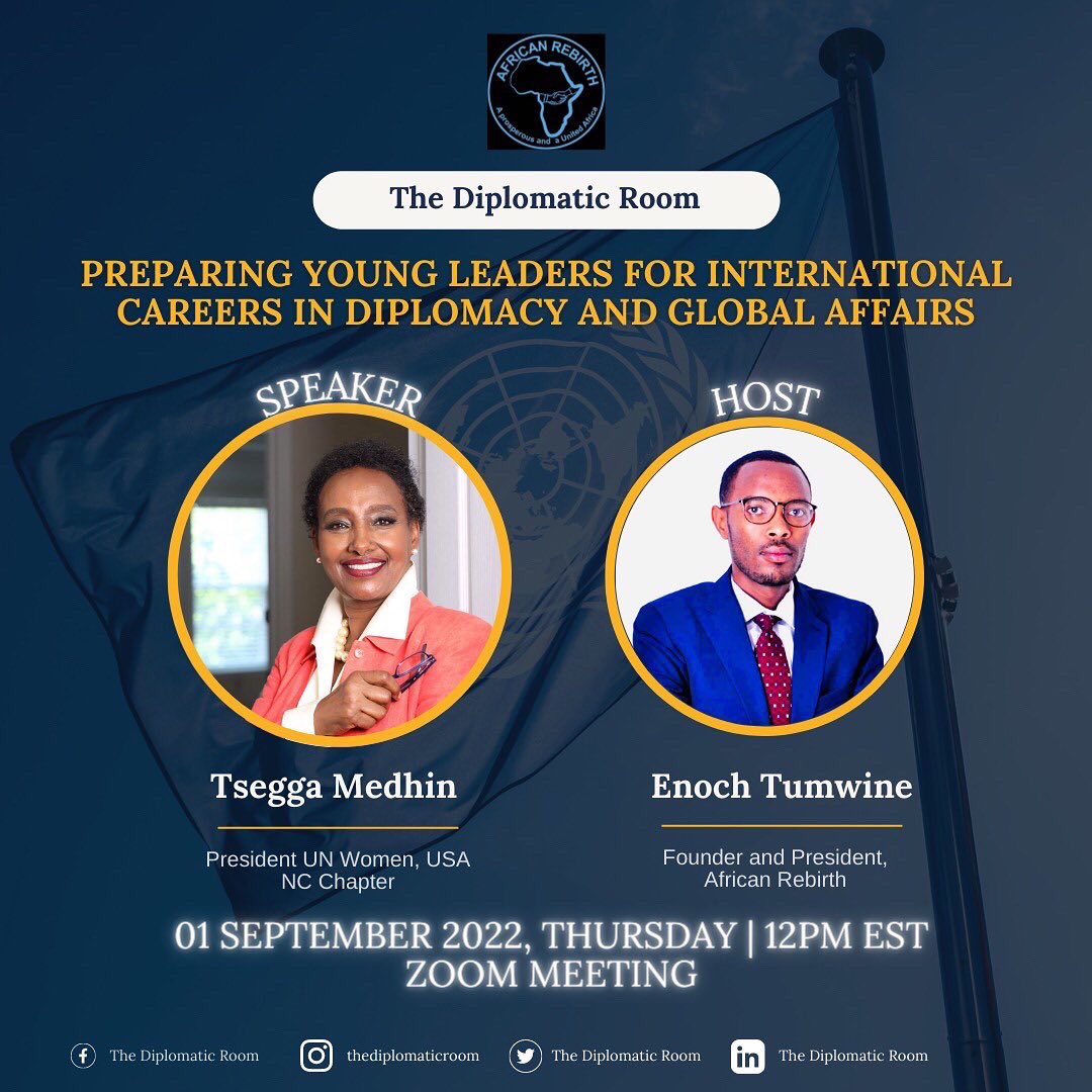 DiplomaticRoom's tweet photo. Join us tomorrow on Zoom to find out how you can prepare yourself for an international career. 

🕓12pm (EST) / 6pm (CAT) / 4pm (GMT)

Meeting ID: 728 907 1343
Passcode : 704712

#thediplomaticroom #africanrebirth #diplomacy #globalaffairs #youngleaders https://t.co/NmxDOidUe7
