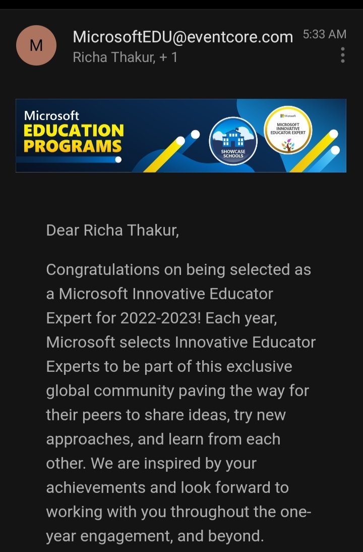 "This year will be great. So excited to be selected as an MIE Expert for 2022-2023🎊🎉🙃Second year in a row🥳#MicrosoftEdu #MIEExpert."
<a href="/AboutImpact/">Monica Patel</a>
<a href="/AlifiyaJAlamdar/">Alifiya J Alamdar</a> <a href="/Sandhya20742486/">Sandhyamishra</a> <a href="/PreetiPhutela/">Dr.Preeti Phutela</a> <a href="/SaraA42613603/">𝓢𝓪𝓻𝓪 𝓐𝓶â𝓷𝓬𝓲𝓸</a>