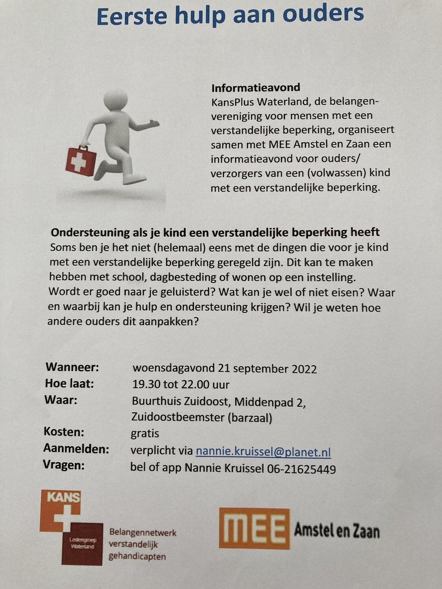 KansplusW's tweet photo. Niet tevreden over de #zorg voor je (volwassen) kind met een #verstandelijke #beperking? Kom 21 september naar de informatie-avond in Zuidoostbeemster. De Mee vertelt welke #ondersteuning zij kunnen bieden #beperking #klacht #handicap #ouders https://t.co/cxAL0drpDS