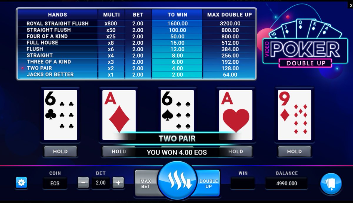 eosgames_io's tweet photo. 🔥Exchange your cards to get the best hand &amp; win up to 3200.00  #EOS💰

In Video Poker you can double up your win up to 5 times! But do you have the guts to put everything on one card?😎

🏆Join the winners!
➡ https://t.co/c8mN547TWP

#EOSIO #EdenOS #BullishonEOS #dapps https://t.co/kdpacg9D8g