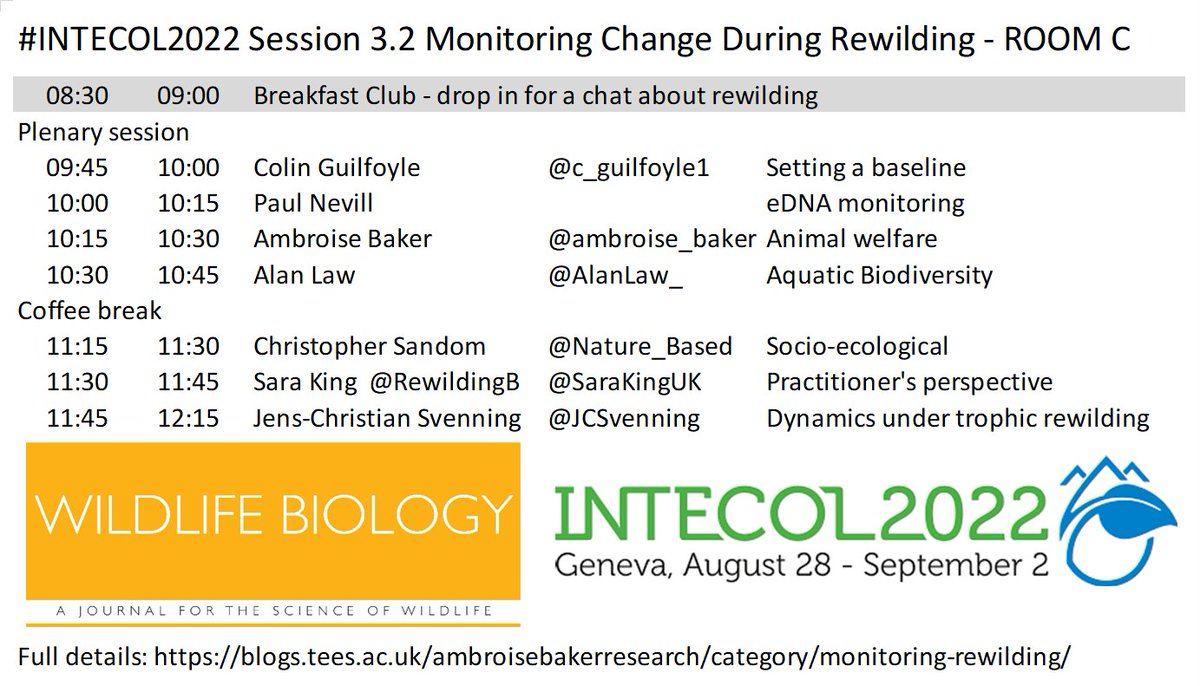 ambroise_baker's tweet photo. 1/4 One defining characteristic of rewilding is the establishment of natural processes to create self-sustaining ecosystems where conservation management is minimised.
Sessions 3.1 &amp; 3.2 about #rewilding at #INTECOL2022 feat. @WildlifeBiol @JMBecologist @JCSvenning +++ https://t.co/9beAovewFT