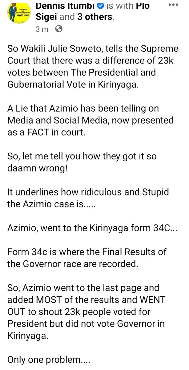 OleItumbi's tweet image. This is how AZIMIO got it wrong on Kirinyaga.

Wakili Julie Soweto presented pure FICTION at the Supreme Court.

The Comedy of omission and error that made her get it so wrong, underlines the type of case Raila has brought to court

13th Sept,2022. President @WilliamsRuto