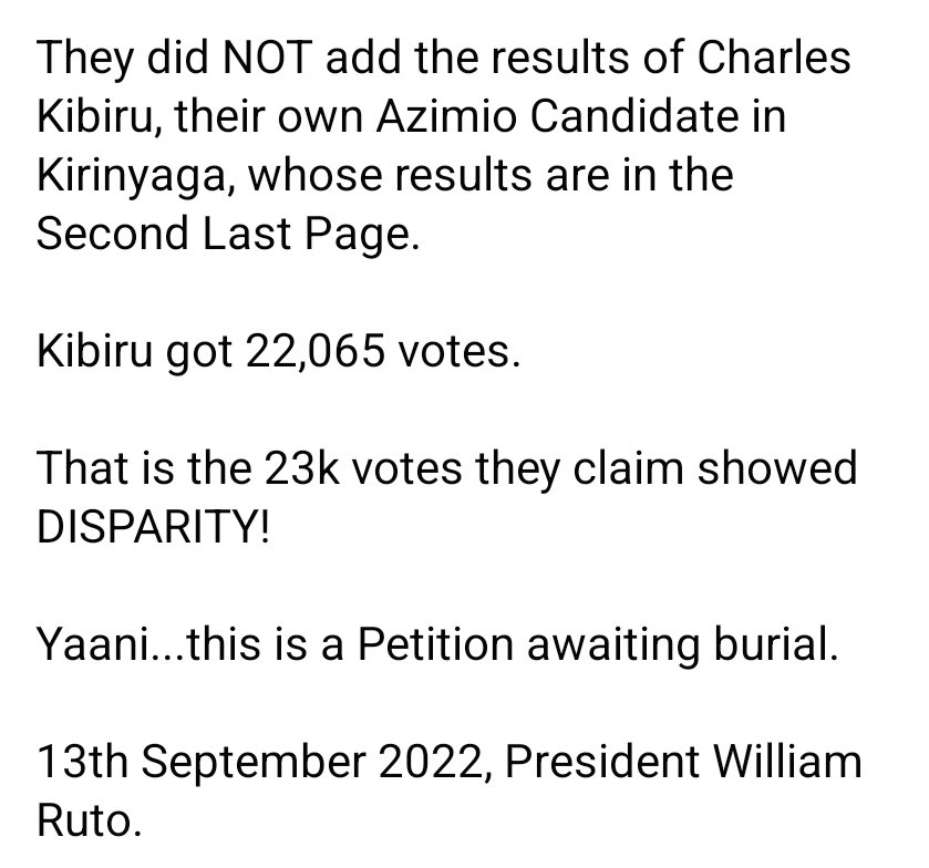 OleItumbi's tweet image. This is how AZIMIO got it wrong on Kirinyaga.

Wakili Julie Soweto presented pure FICTION at the Supreme Court.

The Comedy of omission and error that made her get it so wrong, underlines the type of case Raila has brought to court

13th Sept,2022. President @WilliamsRuto