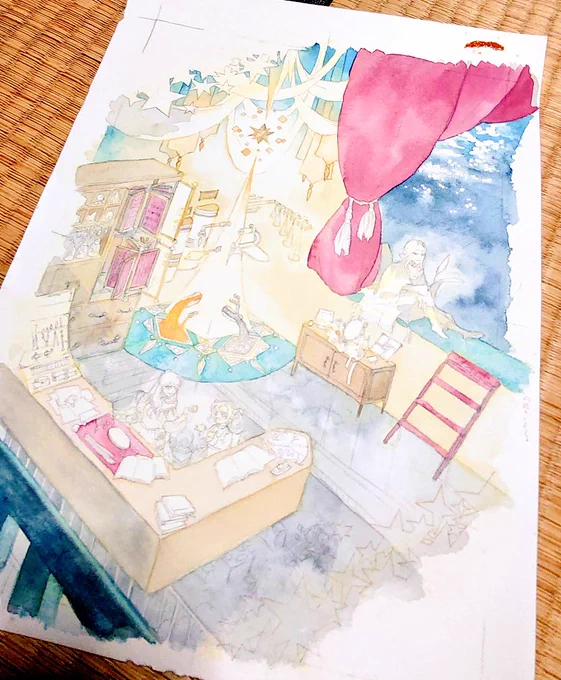 絵が描きたい、でもブランクあって最初から描くのは踏ん切りがつかない…そこで取り出してきた途中絵。さて、どちらから手を出そうか… 