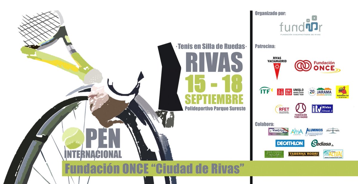 Fundacion_ONCE's tweet photo. La localidad madrileña de #Rivas acogerá del 15 al 18 de septiembre el VII Open Internacional ‘Fundación ONCE - Ciudad de Rivas’ de #tenis en silla de ruedas, que cuenta con la participación de 31 jugadores, procedentes de nueve nacionalidades.

https://t.co/DkBnkPEcay https://t.co/15I5FIYd2H