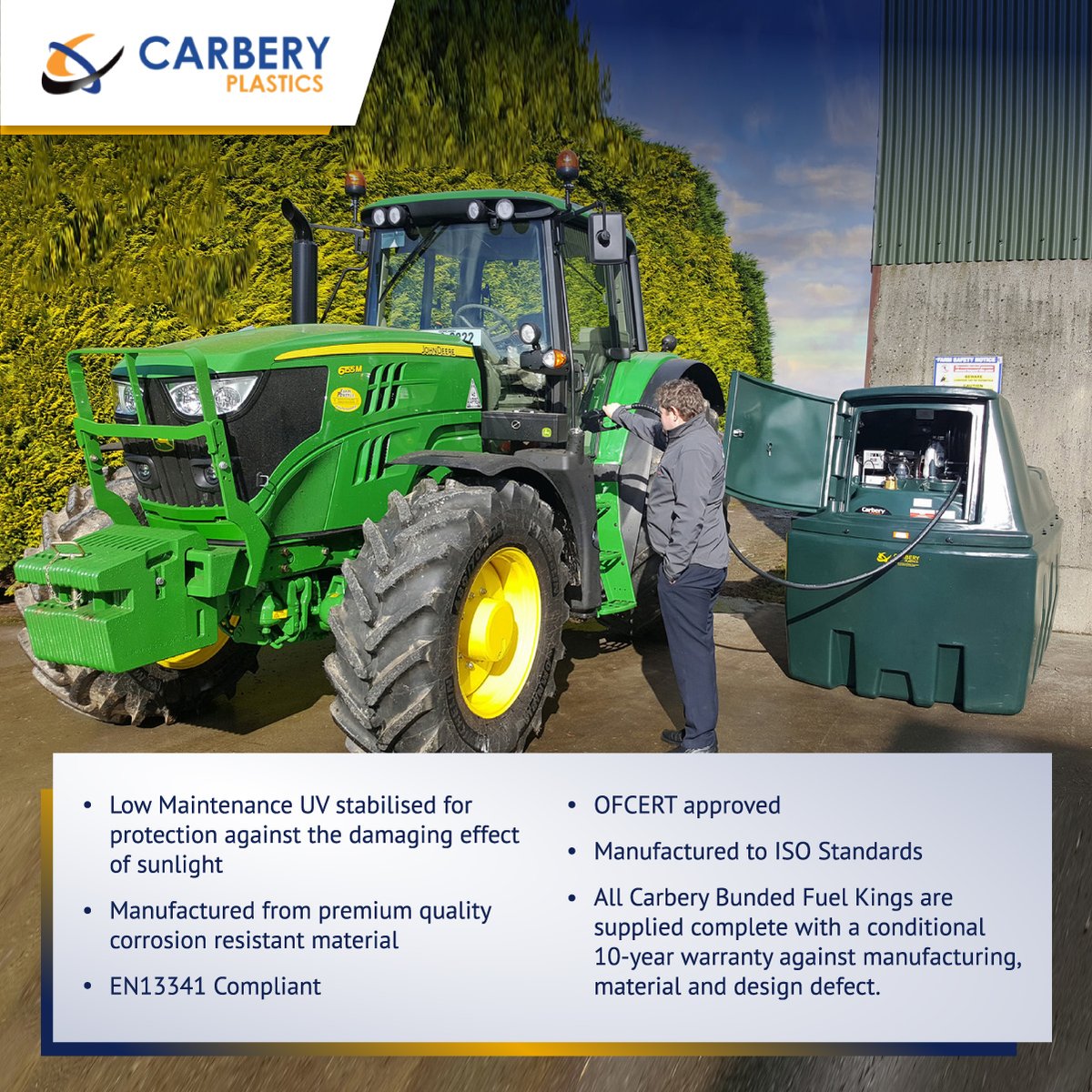 carberyplastics's tweet image. Why choose a #CarberyPlastics #diesel #fuelking?
Available in a 1350L &amp;amp; 2500L model, here are just some of the benefits…

For more info visit carberyplastics.com or call +353 (0)23 883 3531

#DieselTanks #dieseldispensing #refueling #dieselstorage #Farming #construction