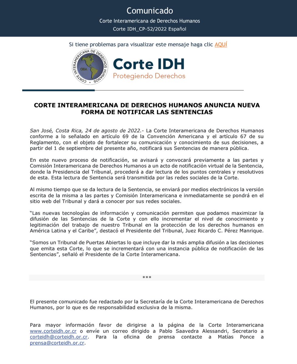 E_Procesal's tweet photo. La @CorteIDH anuncia nuevas formas de notificación de sus sentencias: comunicaciones electrónicas y redes sociales.

Gran iniciativa para ampliar la difusión de esta información, hiper relevante. https://t.co/M1uW39MfIt