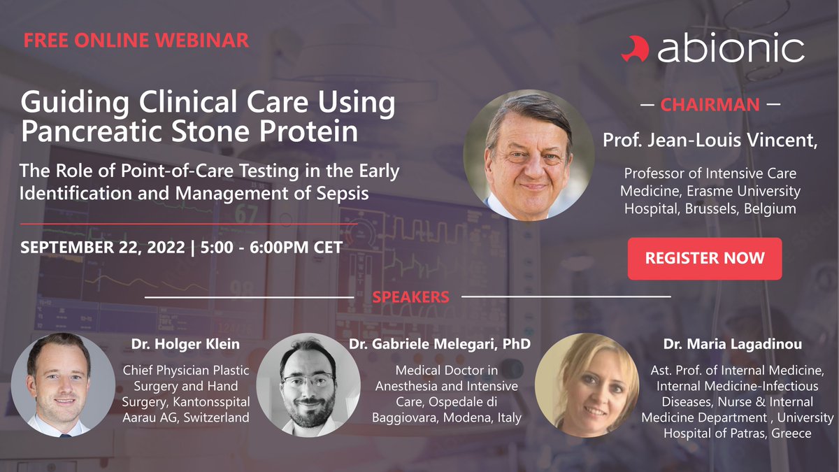 Abionic_EN's tweet photo. 📣UPCOMING ONLINE WEBINAR📣
Join us and our expert panelists to discuss "The Role of Point-of-Care Testing in the Early Identification and Management of Sepsis"
📆🔒 Save the date! September 22, 2022 at 5:00 CEST
REGISTER HERE👉https://t.co/W9K6V1i8jX
#abionic #sepsis #icu https://t.co/t1aC4gpHbF