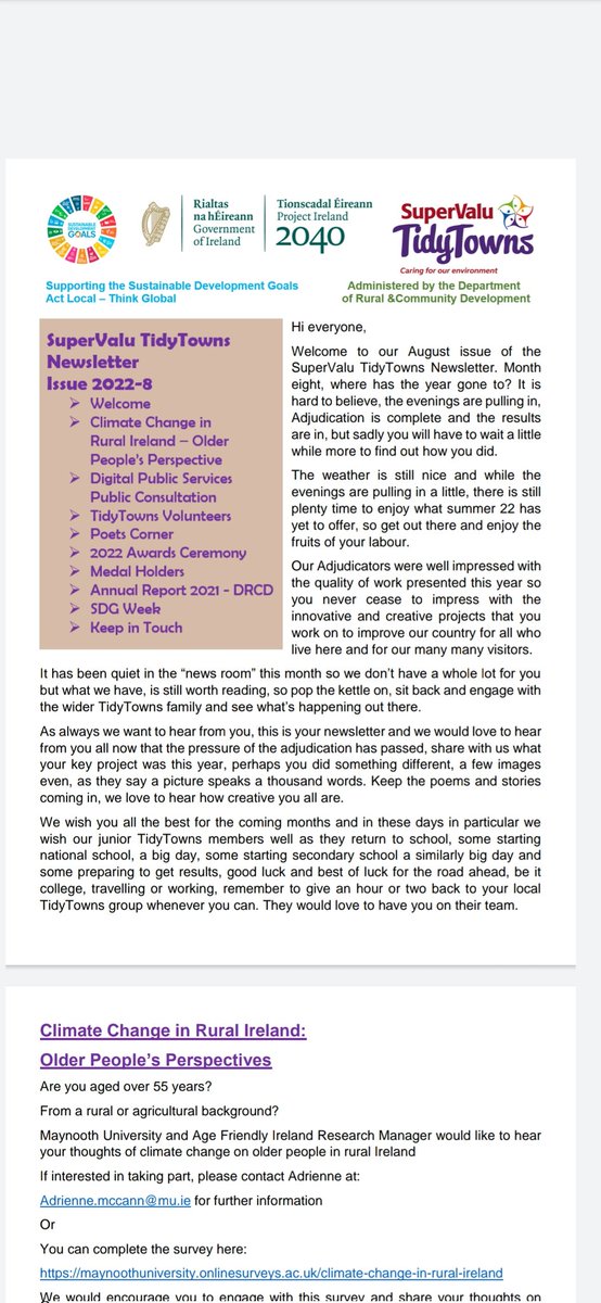 The August issue of the <a href="/TidyTownsIre/">Supervalu TidyTowns Competition</a>  newsletter is now available tidytowns.ie/about-us/newsl…

Submit your articles &amp; photos📸 by email to tidytowns@drcd.gov.ie
#tidytowns22