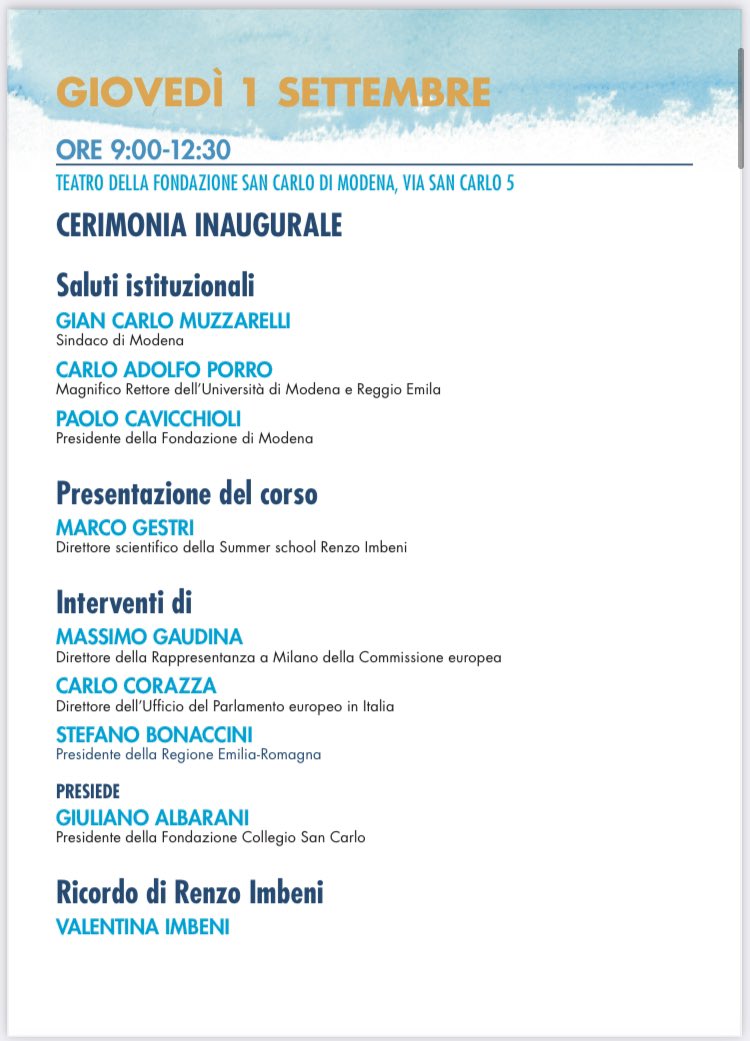 Europarl_IT's tweet photo. 🗓 🇪🇺🇮🇹 Inaugurazione della Summer School Renzo Imbeni: 

“Un'Unione politica, un mondo nuovo.Un'Europa che protegge e innova.”
  
Giovedì 1 settembre
⏱9:00 Teatro della Fondazione San Carlo di Modena

🗣Interventi di: @sbonaccini @CorazzaEP @MassimoGaudina 
@GCMuzzarelli e ⬇️ https://t.co/OSbwFD2BSO