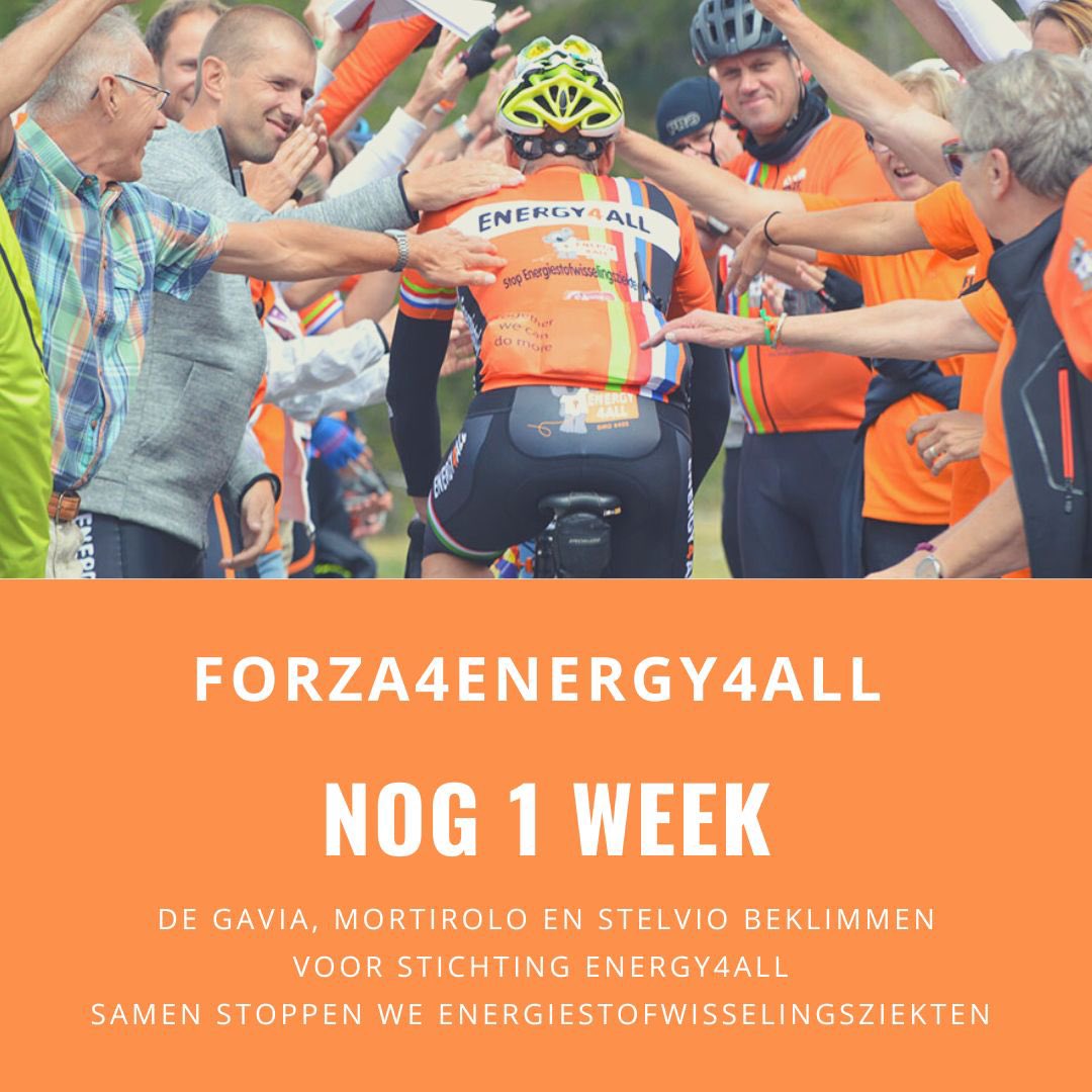 NOG 1 WEEK 
TOT FORZA4ENERGY4ALL 2022
Op woensdag 7 september is de start van onze 3-daagse uitdaging in de Italiaanse Alpen.

We hebben er zin in!
Sponsor onze deelnemers nog voor hun enorme uitdaging via forza4energy4all.nl

#stelvio #gavia #mortirolo #forza4energy4all