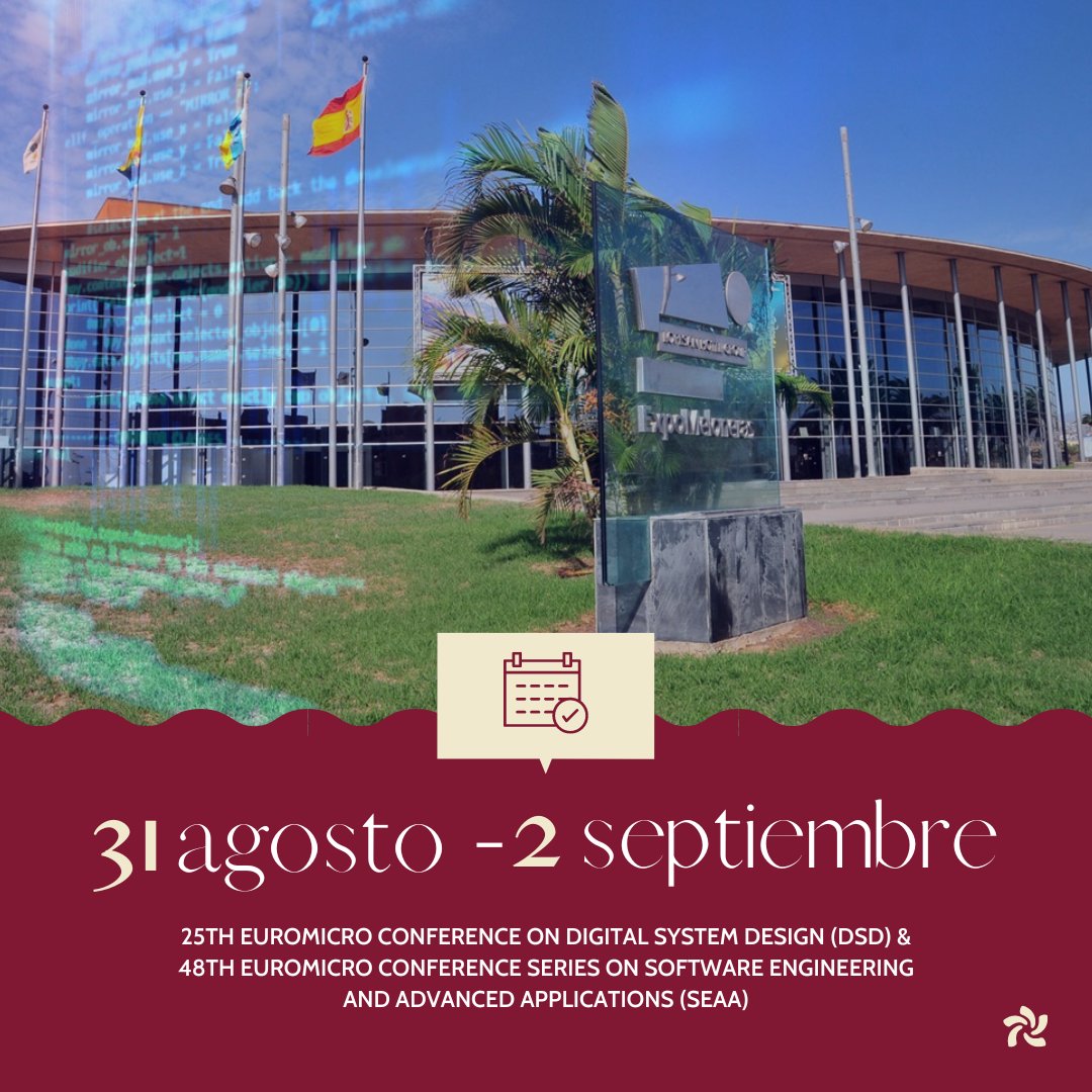 GranCanariaMICE's tweet photo. Damos la bienvenida a ExpoMeloneras a todos los participantes de la nueva edición @EuromicroOrg #SEAA22
-
Welcome to ExpoMeloneras to all the participants of the new edition @EuromicroOrg #SEAA22
#GCMICE #ConventionBureau #euromicro #conference #technology #microelectronics https://t.co/HDjUavvGfC