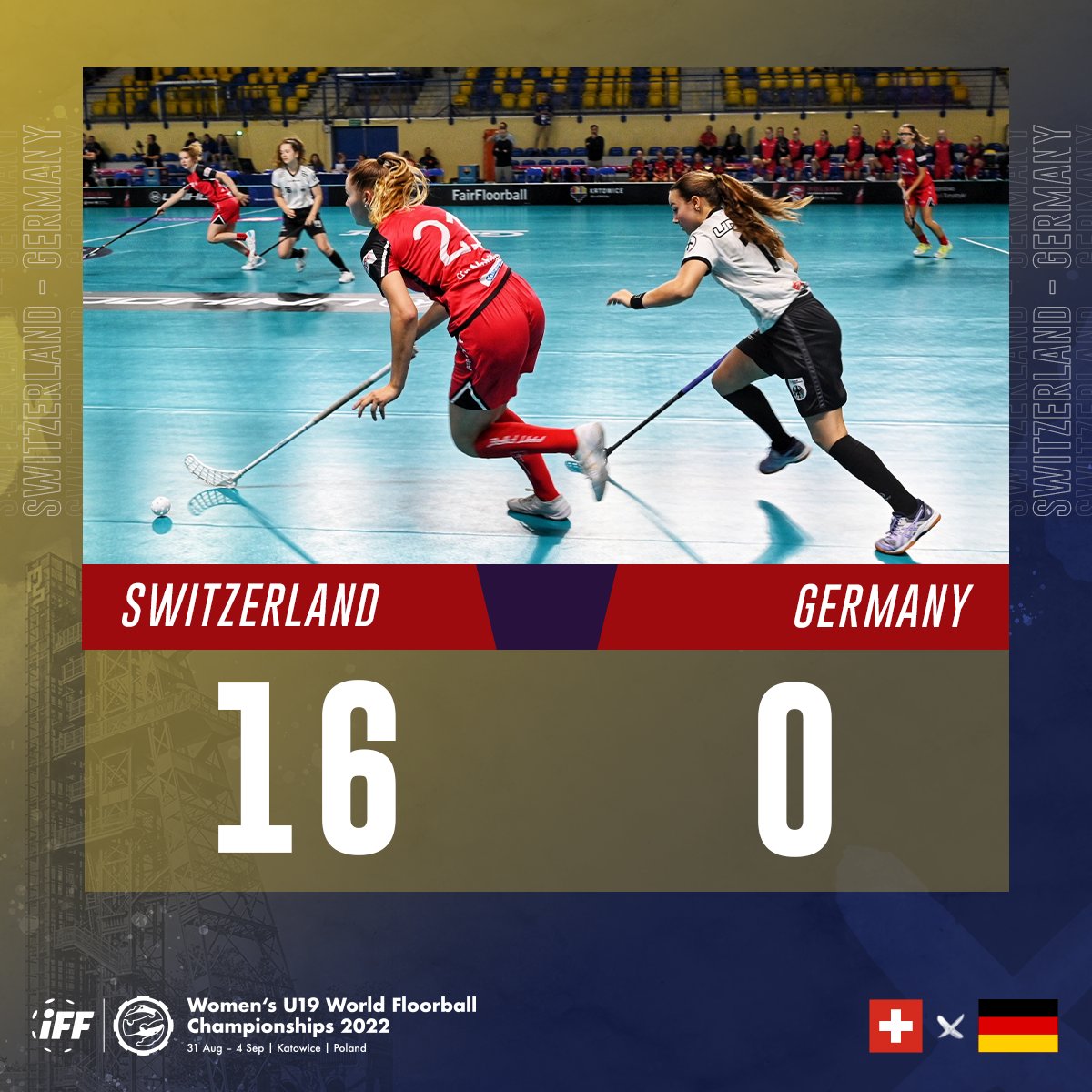 U19WFC's tweet photo. First games behind us!
A big win for Switzerland at the start! They defeated Germany 16:0.
In Group D, Denmark defeated Austria 6:0!
@iff_floorball @miasto_katowice 
#floorball #u19wfc2022 #newstarsborn https://t.co/we1K5dlZyB