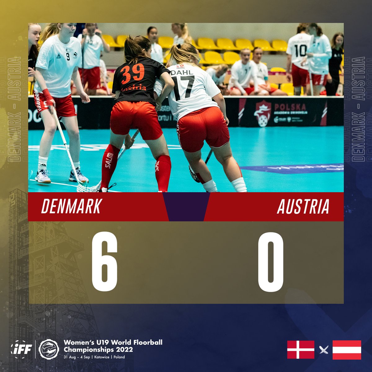 U19WFC's tweet photo. First games behind us!
A big win for Switzerland at the start! They defeated Germany 16:0.
In Group D, Denmark defeated Austria 6:0!
@iff_floorball @miasto_katowice 
#floorball #u19wfc2022 #newstarsborn https://t.co/we1K5dlZyB