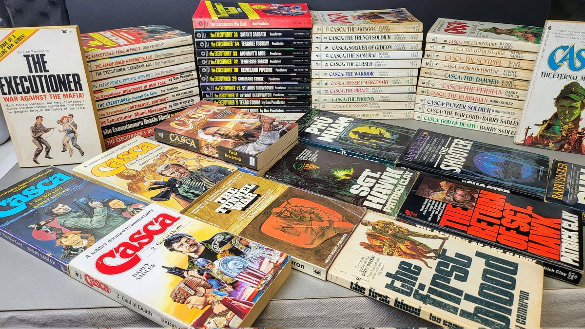 julesburt's tweet photo. Been filming these superb Men's Adventure titles this morning. Don Pendleton's The Executioner and a complete run of Barry Sadler's Casca. 

#casca #barrysadler #theexecutioner #donpendleton #mensadventure https://t.co/qk5kLj3zTS