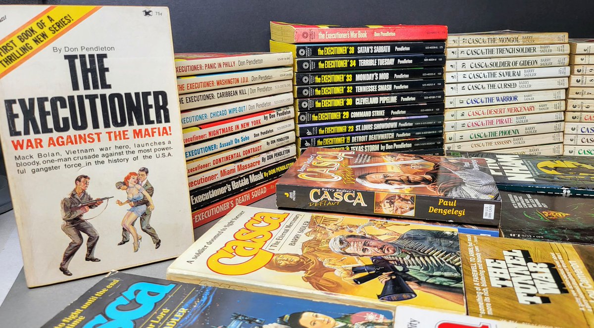 julesburt's tweet photo. Been filming these superb Men's Adventure titles this morning. Don Pendleton's The Executioner and a complete run of Barry Sadler's Casca. 

#casca #barrysadler #theexecutioner #donpendleton #mensadventure https://t.co/qk5kLj3zTS