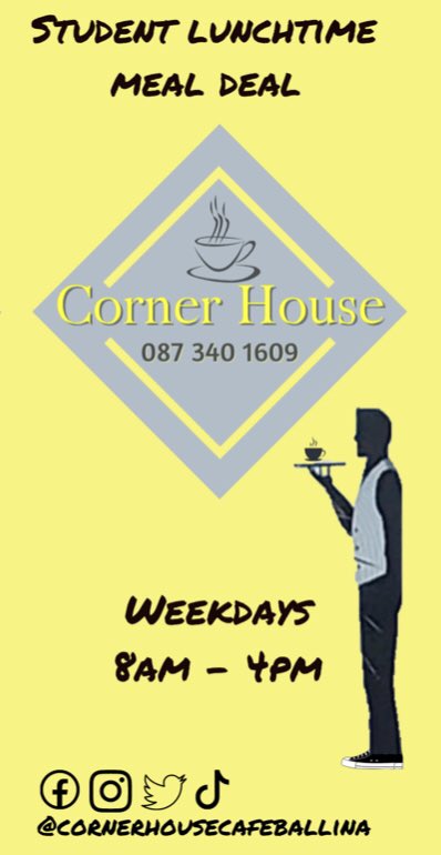 cornerhousecfe's tweet photo. All the best to everyone going back to school this week 🎓📝
Call in and get one of our flyers for our Student Lunchtime Meal Deal. Call ahead to avoid queues. 
087 340 1609 
#goodfood #greatprices #backtoschool #ballina #bunree #school #lunchtime #lunch https://t.co/tUNnpe0ygs