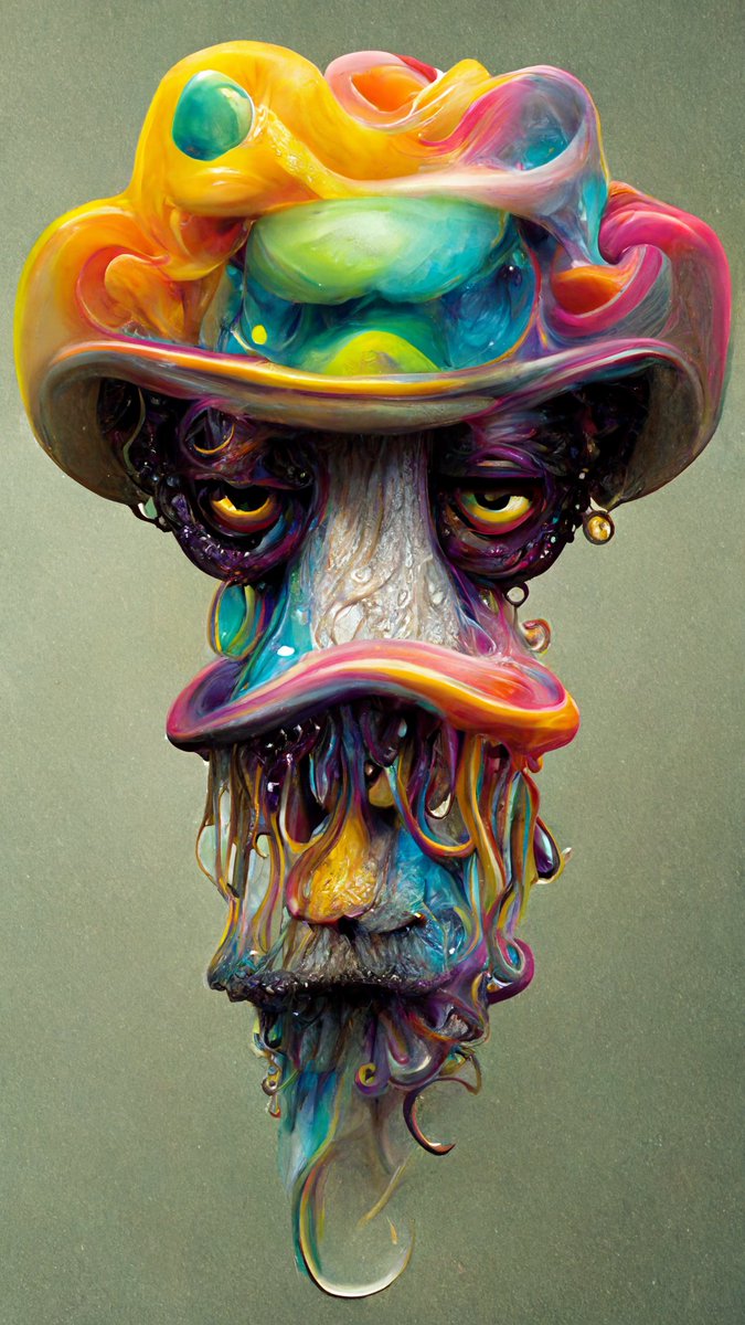 Drippy alien, colourful top hat #aiartcommunity #gan #ganart #generative #generativeart #nft #cnft #cardano #ada #creativeai #visuals #creativecoding #ai #machinelearning #digitalart #conceptart #aiart #midjourney #midjourneyAI #midjourneyart