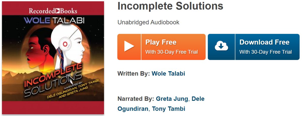 WTalabi's tweet photo. Thanks to the good folks at @recordedbooks, my collection "Incomplete Solutions" originally published by @LunaPressGlobal is now available as an audiobook. Its narrated excellently @tonytambi @GretaJung and @Dele_Biz. Listen and enjoy.

https://t.co/cyy4qfUYBE

@African_lit_ag https://t.co/hdJ2B3UA7t