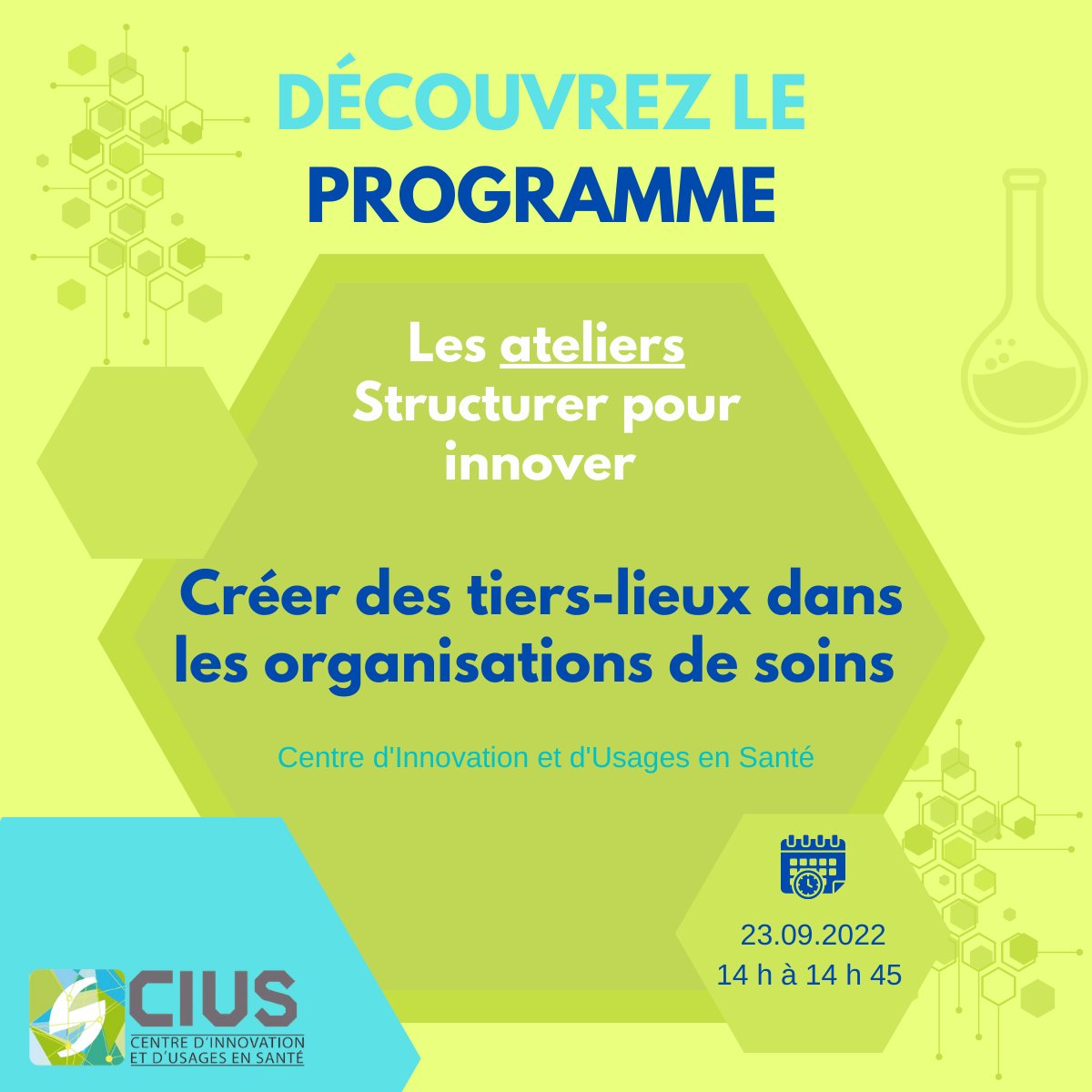 CIUS_Healthcare's tweet photo. 👉 Zoom sur le programme du 23.09.2022 : Venez découvrir  lors d'un atelier  la notion de #tiers-lieux et son application dans les organisations de santé  pour innover, décloisonner les activités et stimuler les initiatives !
🌐 https://t.co/VDRSYJxs3S 
@CIUS_Healthcare https://t.co/xeJgbZopa7