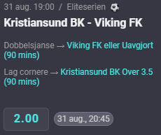 SpelTorsten's tweet photo. 🇳🇴 ELITESERIEN 🇳🇴

🇳🇴 Kristiansund - Viking
⏰ 19:00 ⚽️ 
📅 31/8  
💵 6/10U
🏠 @CoolbetNorge #Sjekkoddsen #NMiOdds https://t.co/JffmclhNHv