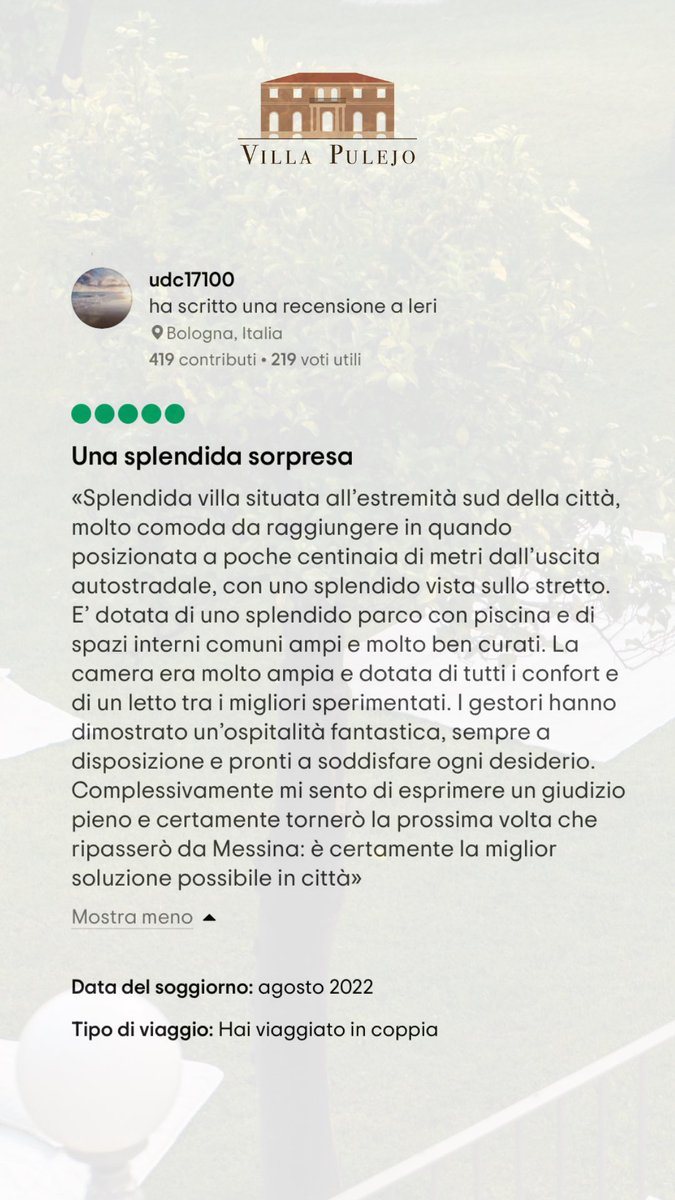 VillaPulejo's tweet photo. Grazie a questa coppia bolognese per le parole di apprezzamento. #VillaPulejo #DimoraStorica #Resort #DesignHotel #Messina #VisitMessina #Sicilia #Sicily #VisitSicily https://t.co/3cVer90OAa