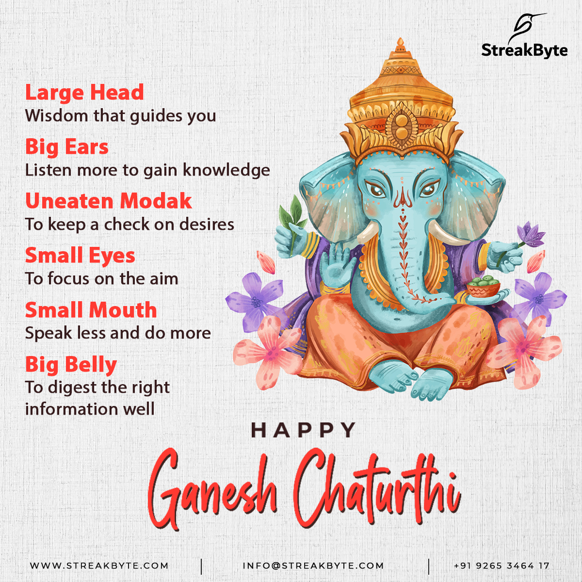 StreakByte wishes you all a Happy Ganesh Chaturthi!

Cheers to the new beginnings and removal of obstacles. 

With a charm of wisdom and intelligence in the air may we all move onward and upward.

#GaneshChaturthi #StreakByte