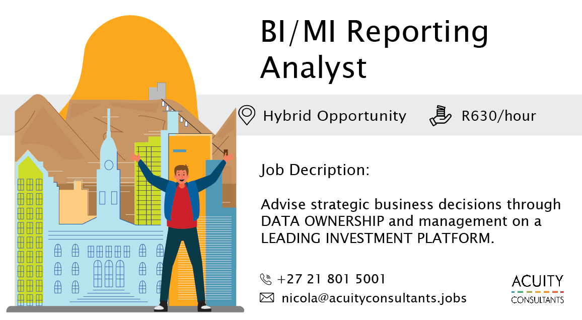 consultacuity's tweet photo. 🎯 New #JOB | BI/MI Reporting Analyst | 📍 Hybrid Opportunity - Based in Cape Town &amp; Johannesburg |  💰 R630/hour

MORE DETAILS HERE: 👉 https://t.co/btdogF18RN 👈

#recruitment #acuityconsultants #jobalert https://t.co/UE25XeAR8a