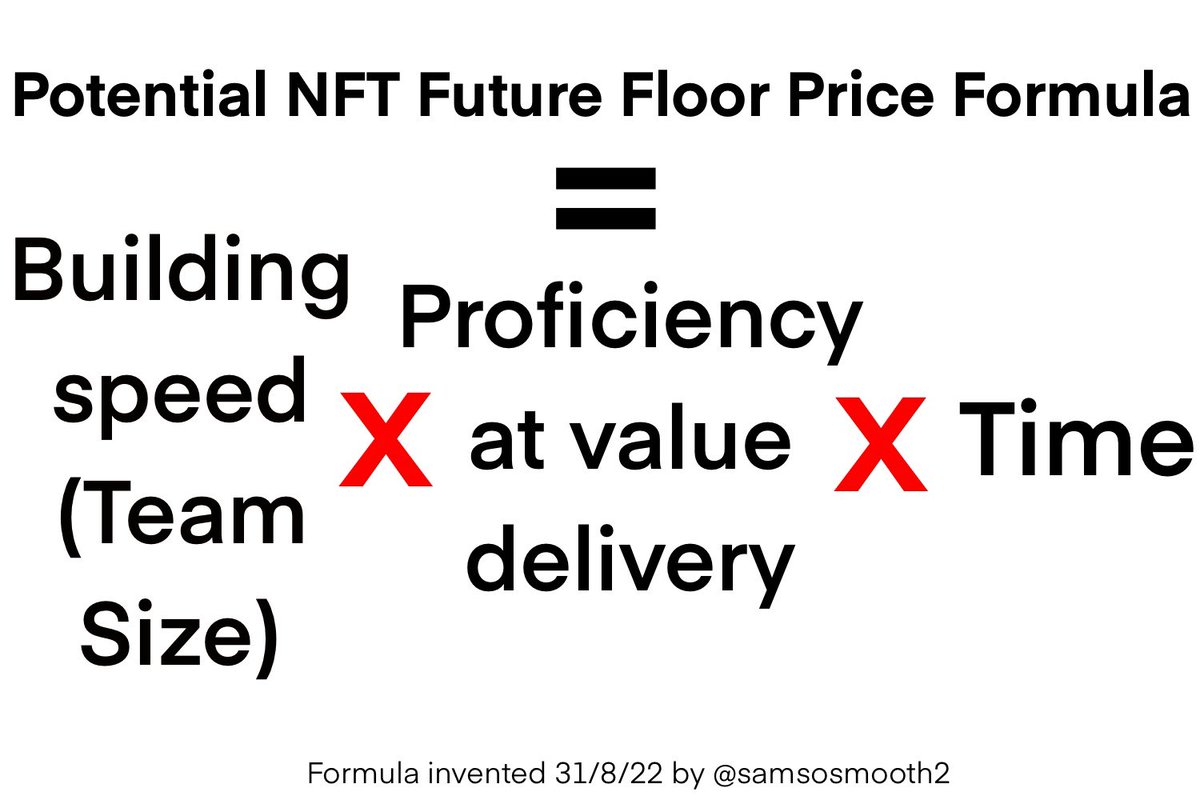 samsosmooth2's tweet photo. Hi NFT Family

Potential future NFT floor price formula= Building speed(team size) X Proficiency building value into project X Time to build

Intrinsic value formula, oversimplified, 1000s other reasons for value, just main meat, I invented this formula 21/8/2, Hope it can 1/ https://t.co/2QsEdwmFBr