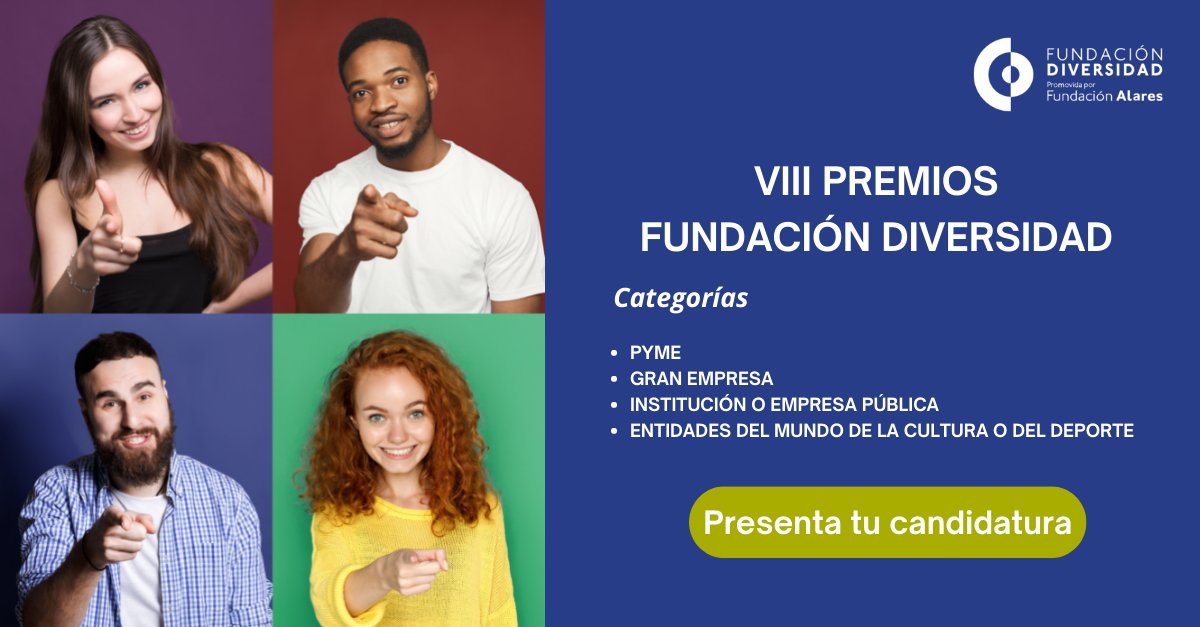 Fund_Diversidad's tweet photo. 🏆 Convocatoria: 𝐕𝐈𝐈𝐈 𝐏𝐫𝐞𝐦𝐢𝐨𝐬 𝐅𝐮𝐧𝐝𝐚𝐜𝐢ó𝐧 𝐃𝐢𝐯𝐞𝐫𝐬𝐢𝐝𝐚𝐝.

👇 Las categorías son:

🔹Pyme
🔹Gran Empresa
🔹Empresa o Institución pública
🔹Entidades de la cultura o del deporte

📩 Inscripciones: https://t.co/6vyjbkASla 
ℹ️ Más info: https://t.co/d8p73RrhNK https://t.co/ZsyalLp1QA